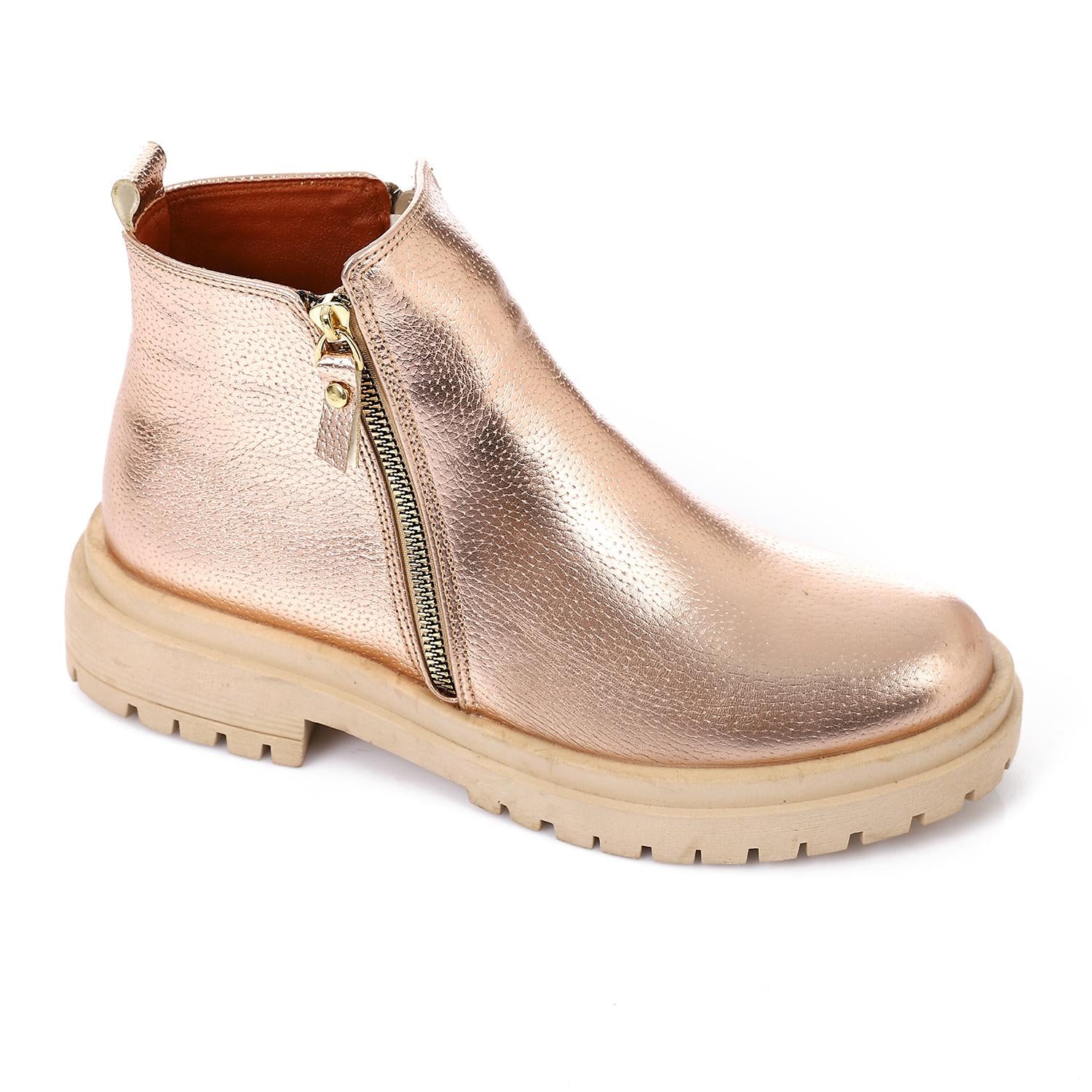 Leather Metallic Ankle Boots - Gold