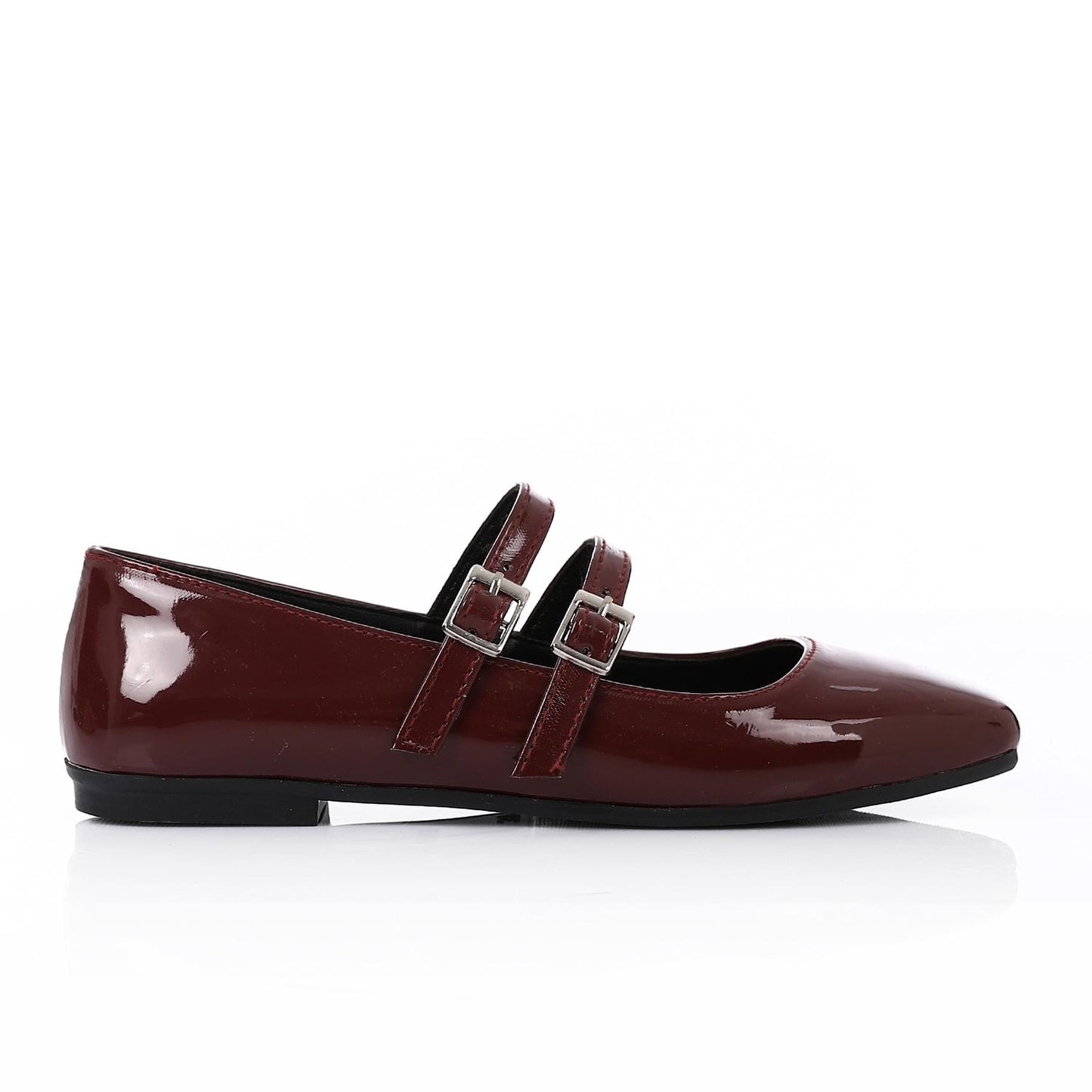 Patent Leather Solid Mary Jane Flats - Burgundy