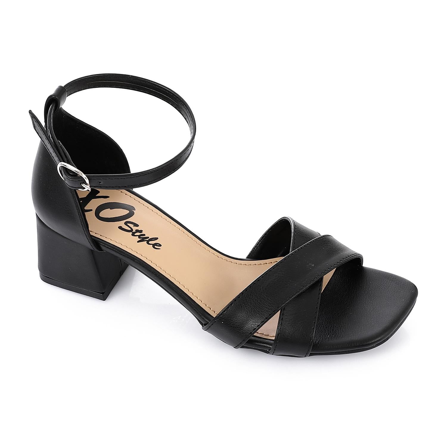 Faux Leather Solid Block Heel Sandals – Black