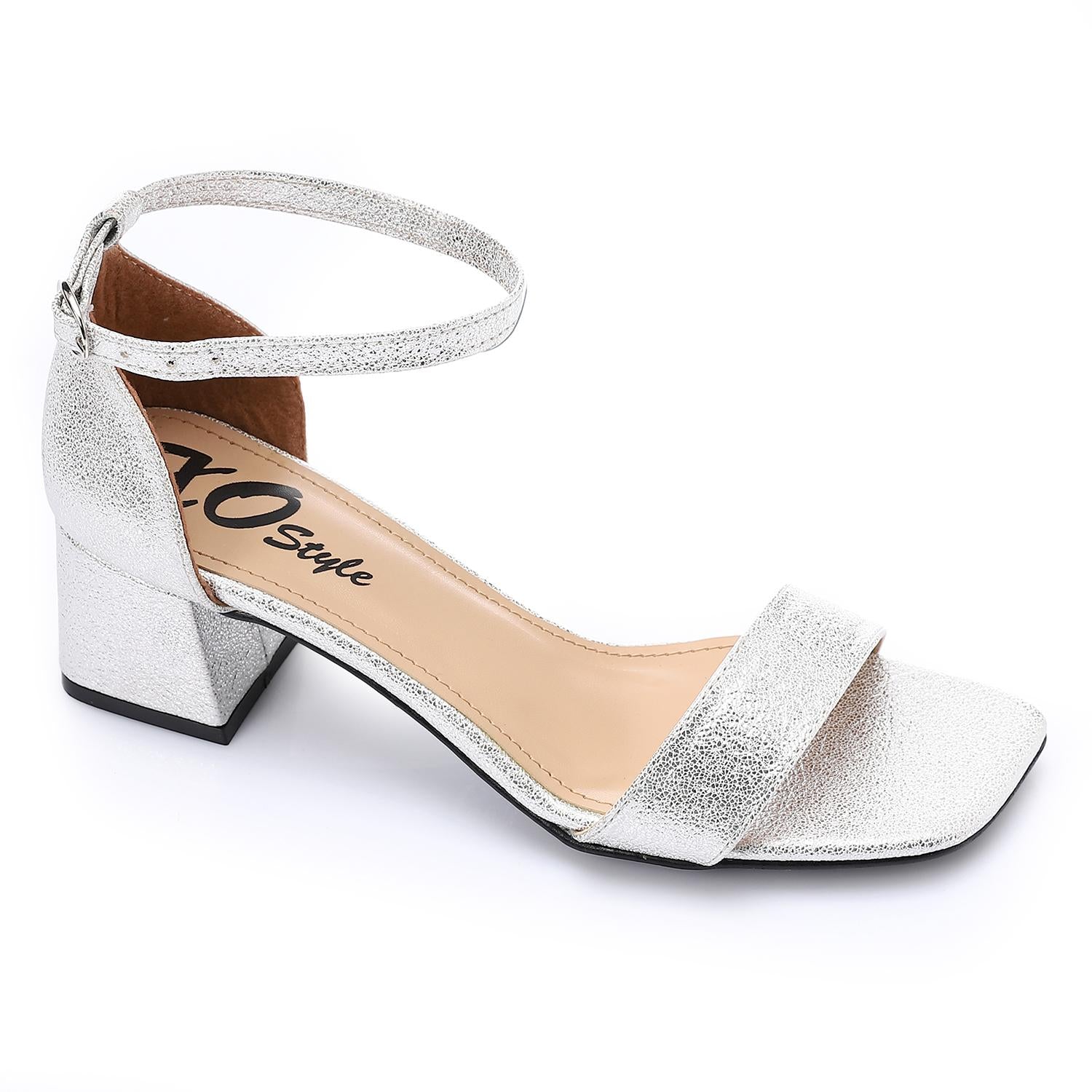 Leather Low Heeled Ankle Strap Sandals - Silver