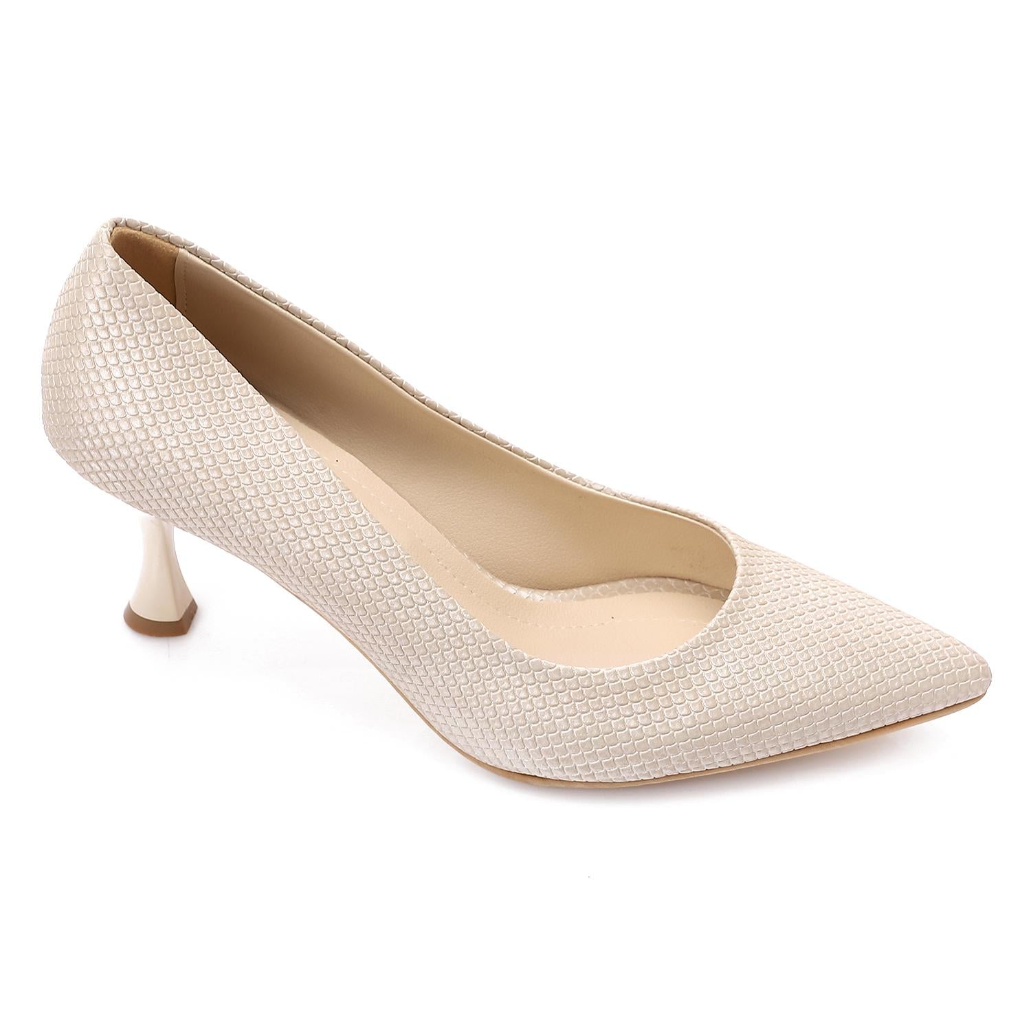 Leather Textured Pointed-Toe Kitten Heels - Beige