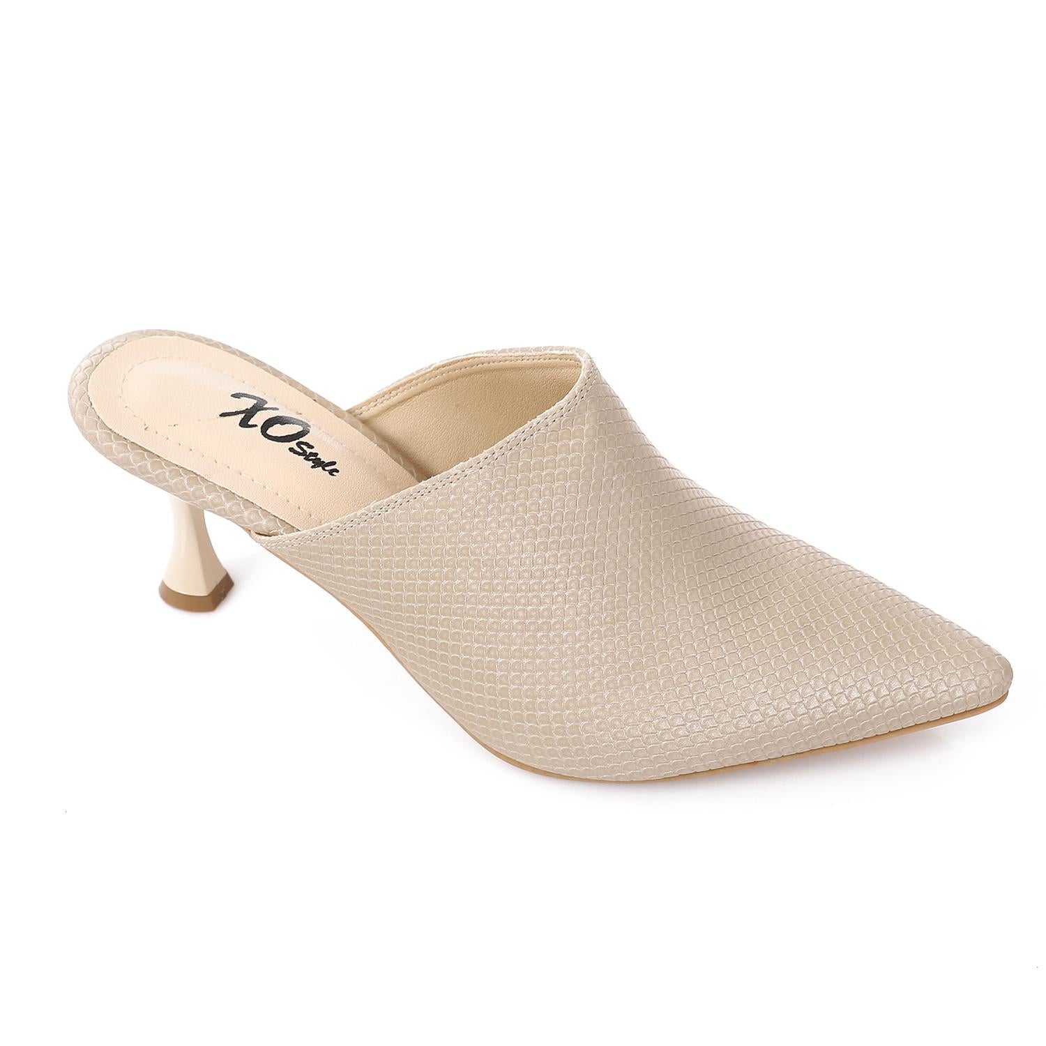 Faux Leather Pointed-Toe Kitten Heel Mule - Beige