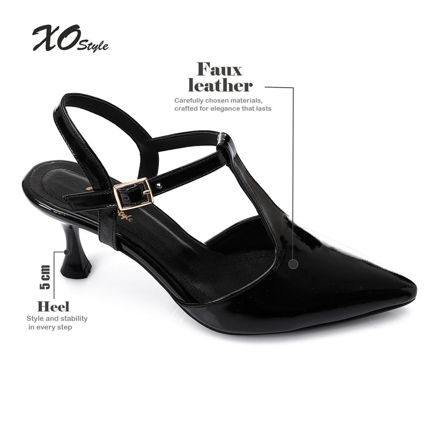 Faux Leather T-Strap Heeled Shoe – Black