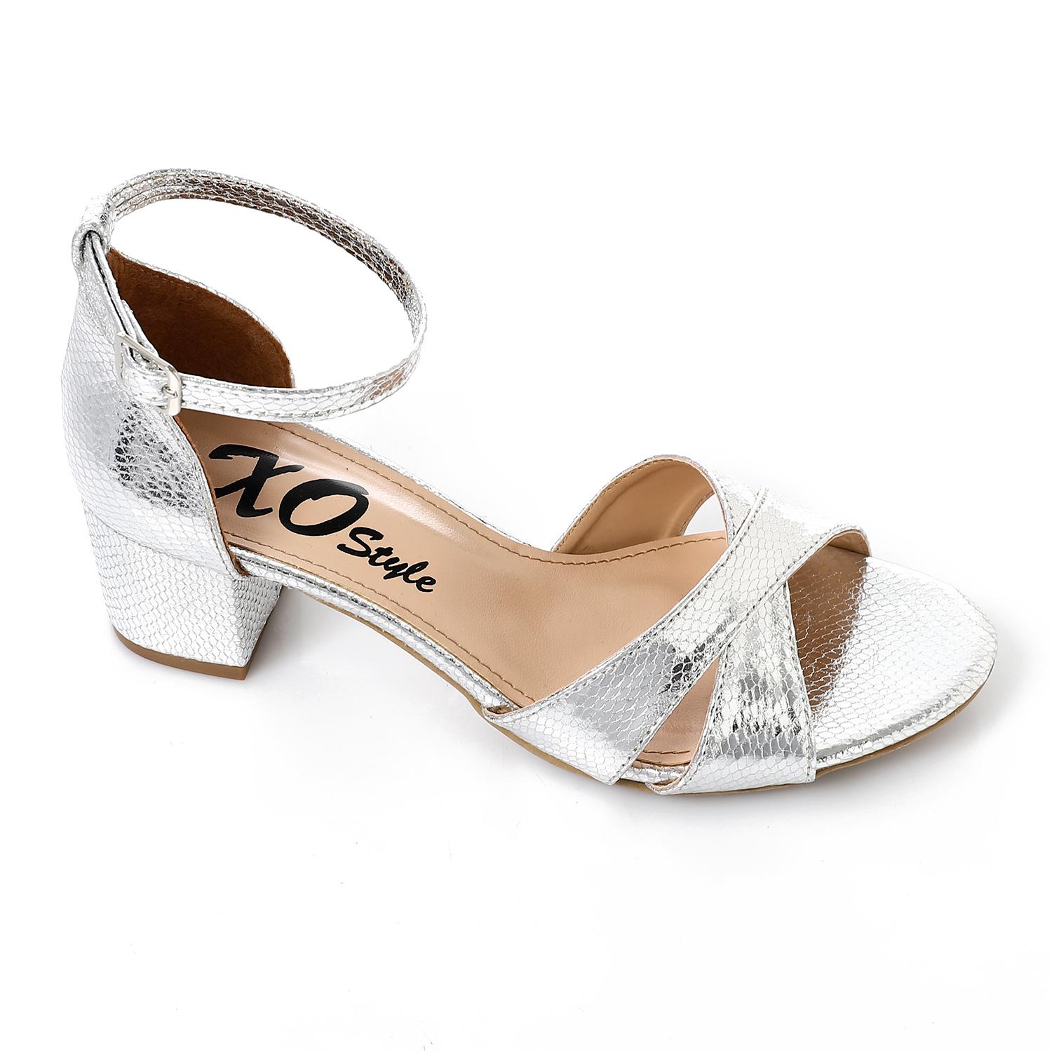 Faux Leather Textured Block Heel Sandals – Silver