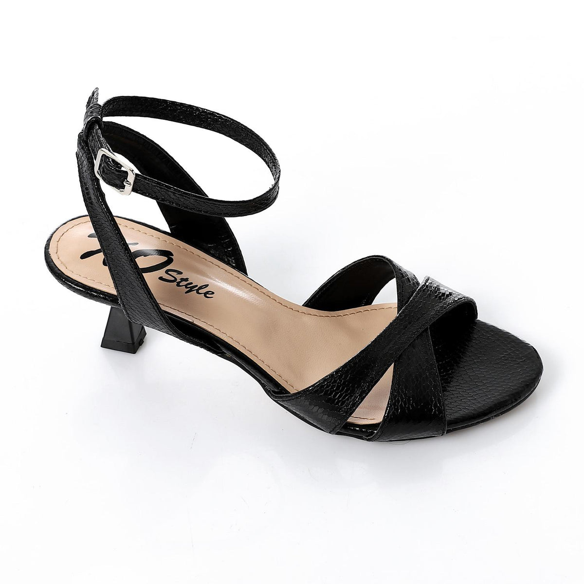 Faux Leather Textured Block Heel Sandals - Black