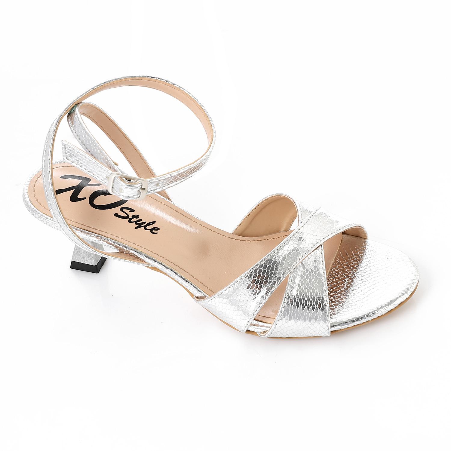Faux Leather Textured Block Heel Sandals - Silver