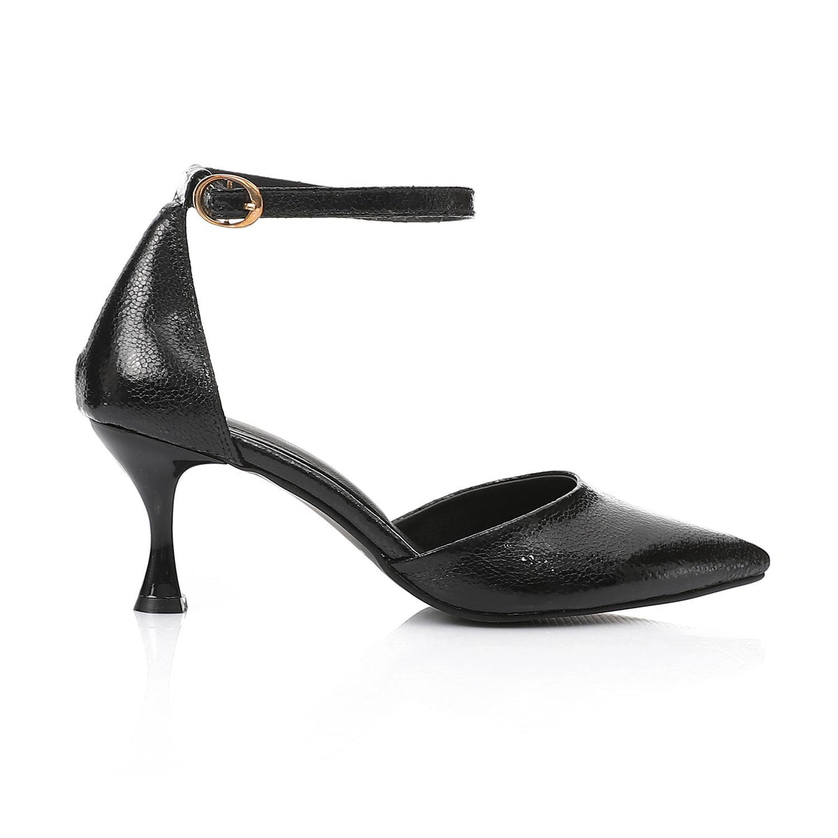 Textured Pointed-Toe Ankle-Strap Heels – Black
