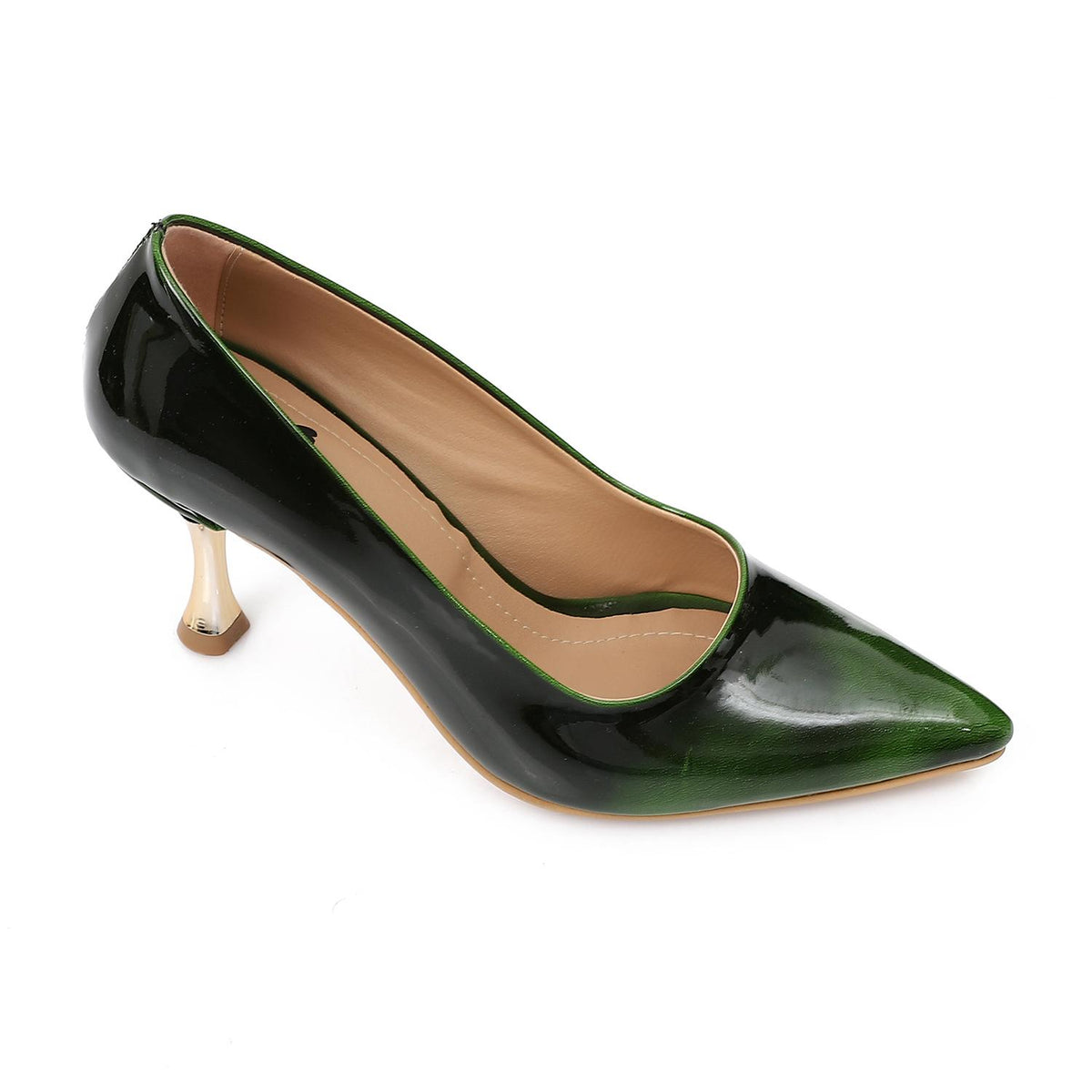 Patent Pointed-Toe Gold Heel Pumps – Dark Green