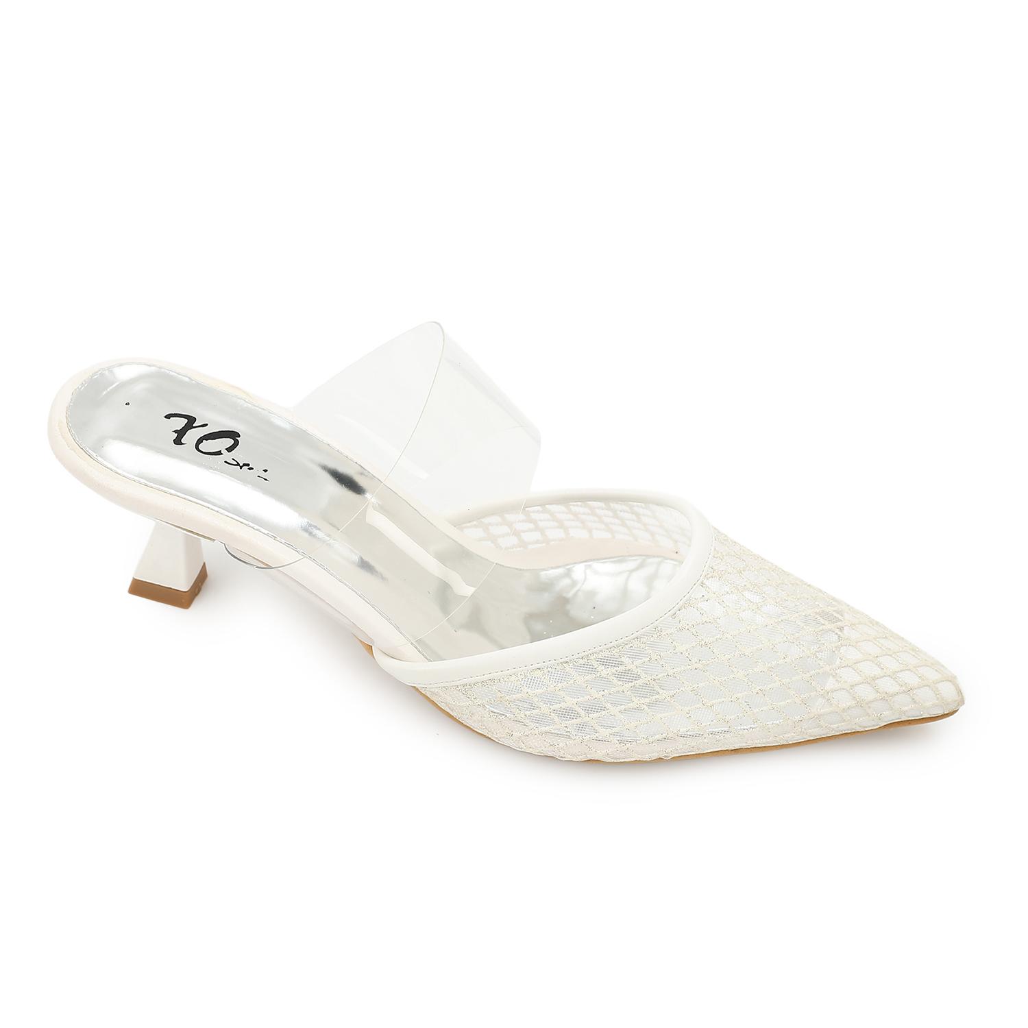 Leather Mesh Mule Pumps – White