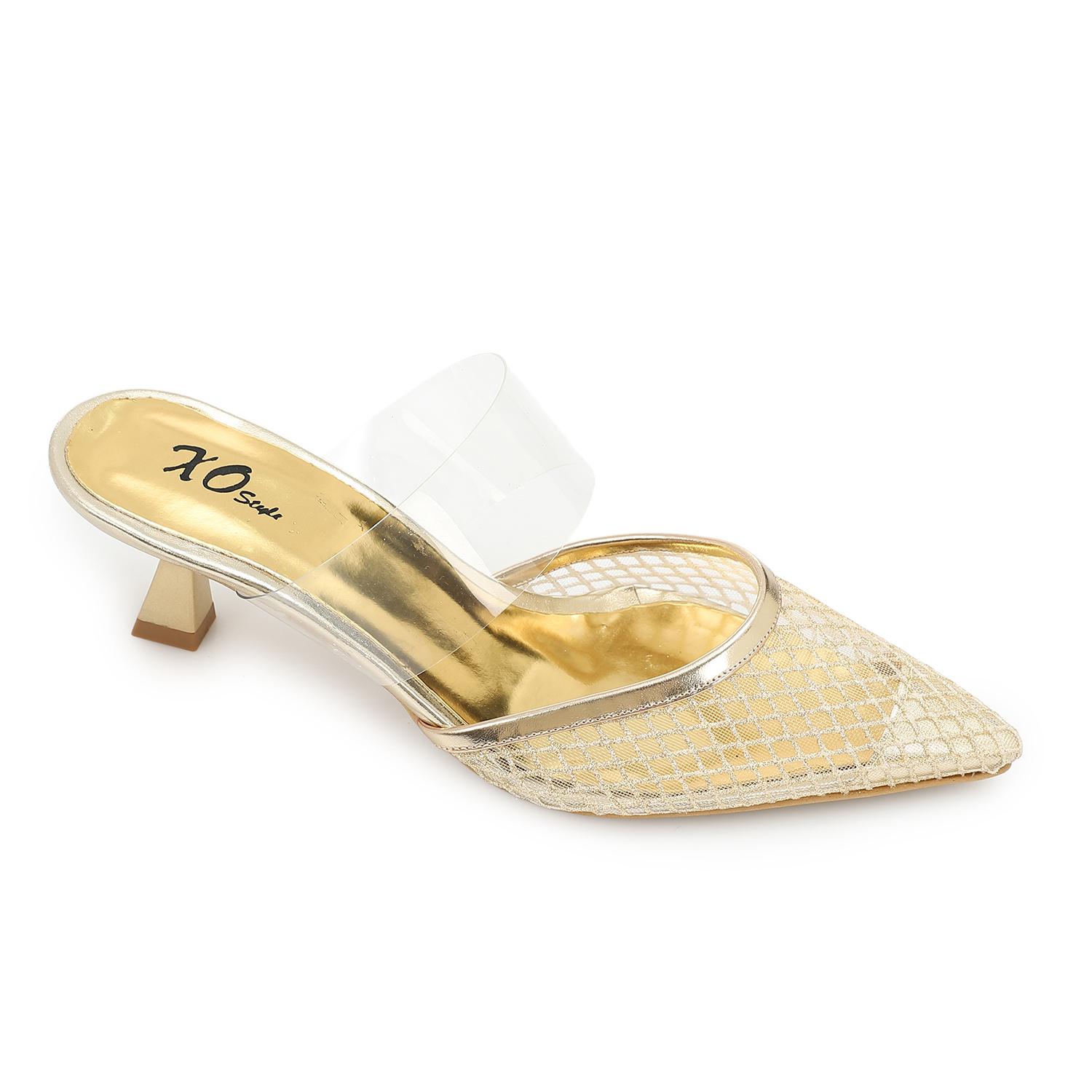 Leather Mesh Mule Pumps – Gold
