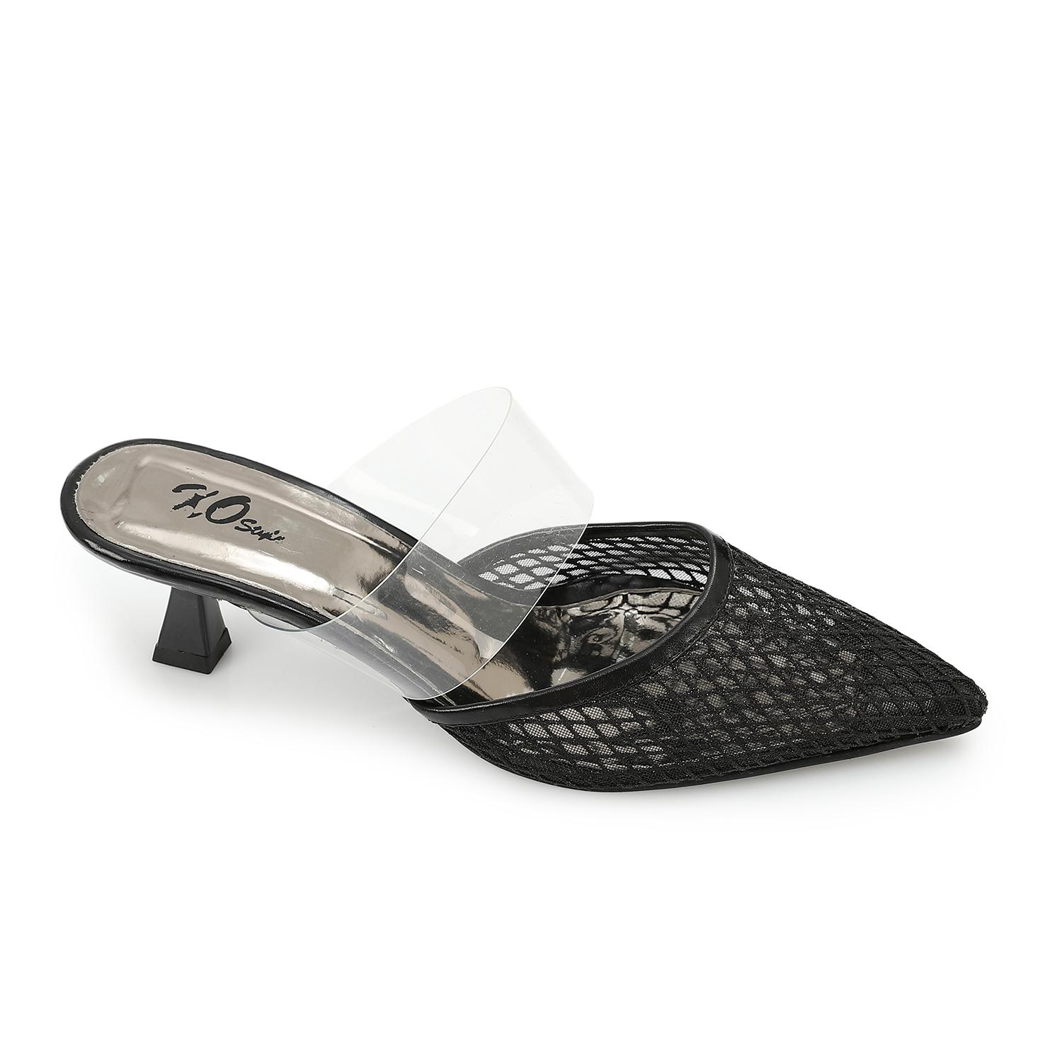 Leather Mesh Mule Pumps – Black