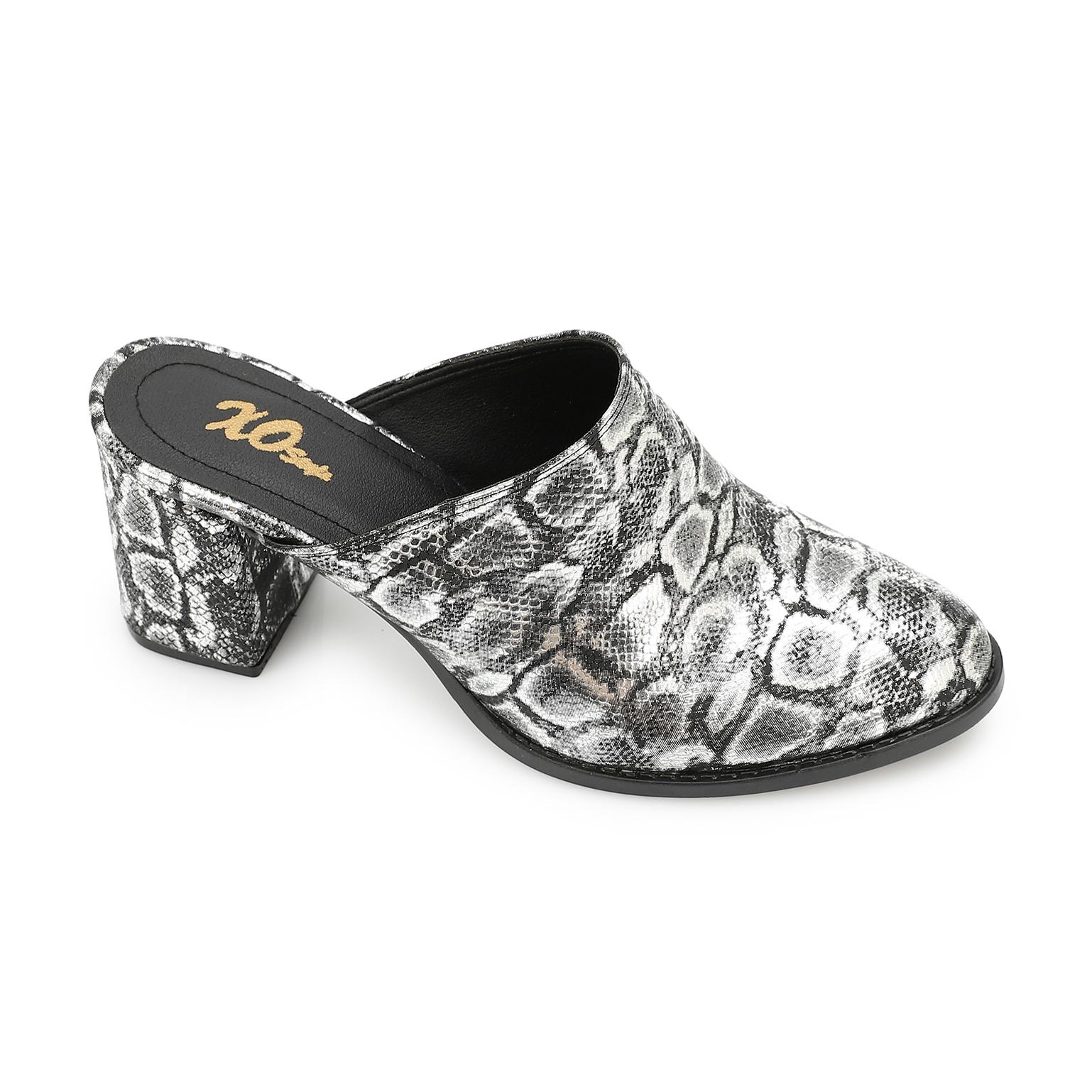 Leather Crocodile-Embossed Mule Heels – Smoky Silver
