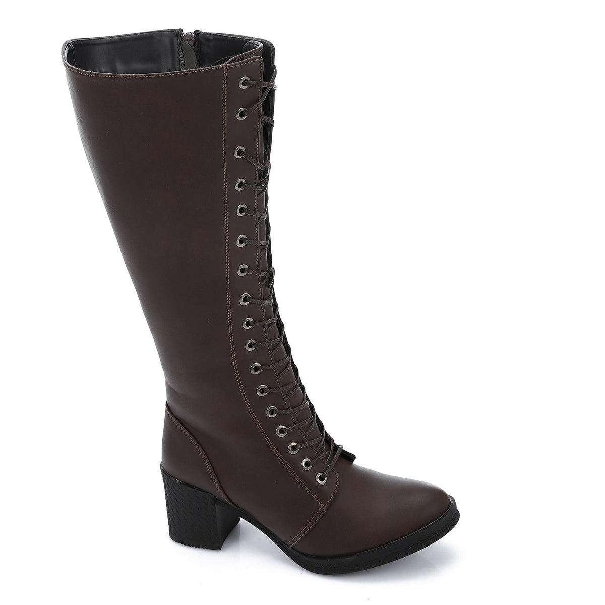 Front Lace-Up Block Heel Knee-High Boots – Brown