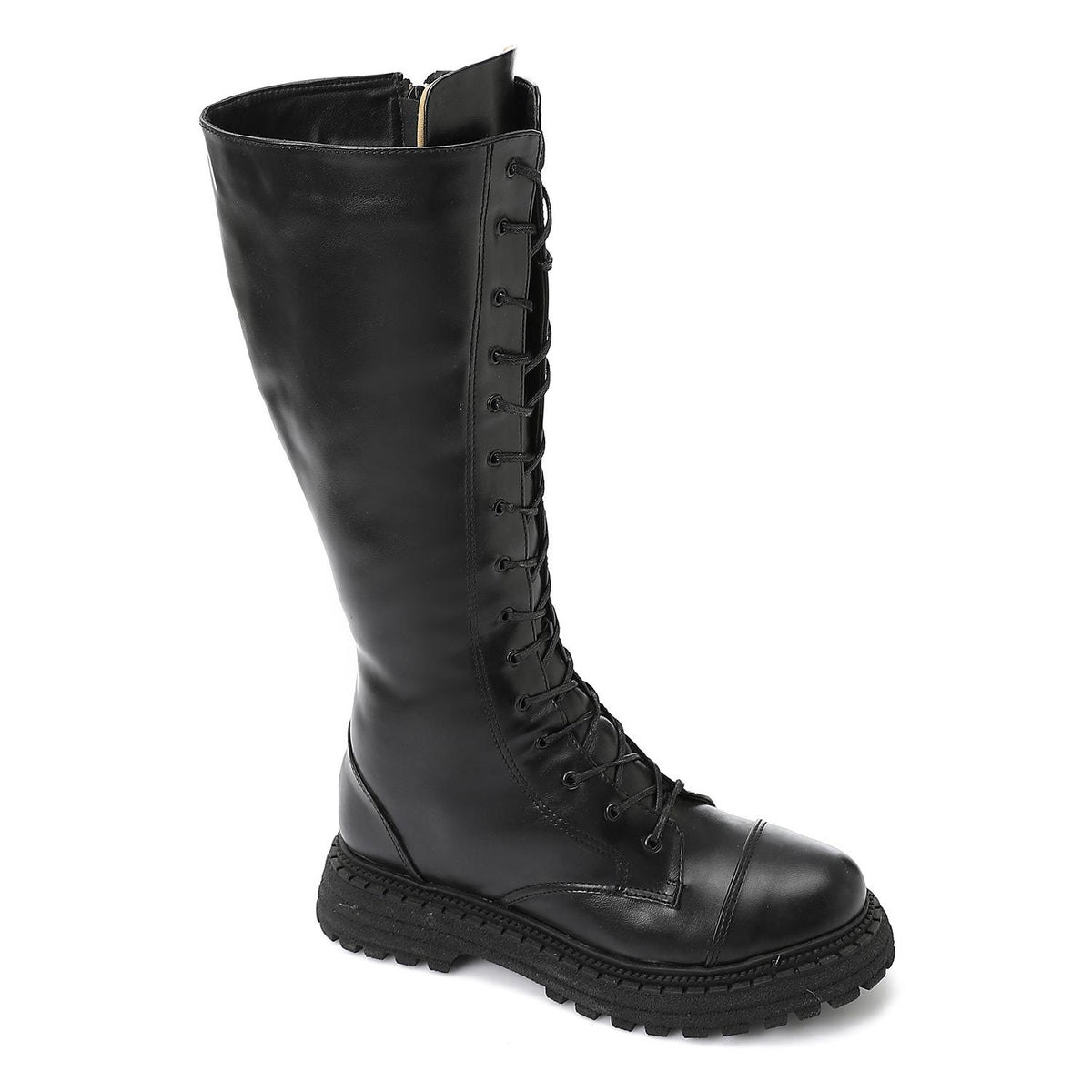 Leather Solid Lace-Up Knee-High Boots – Black