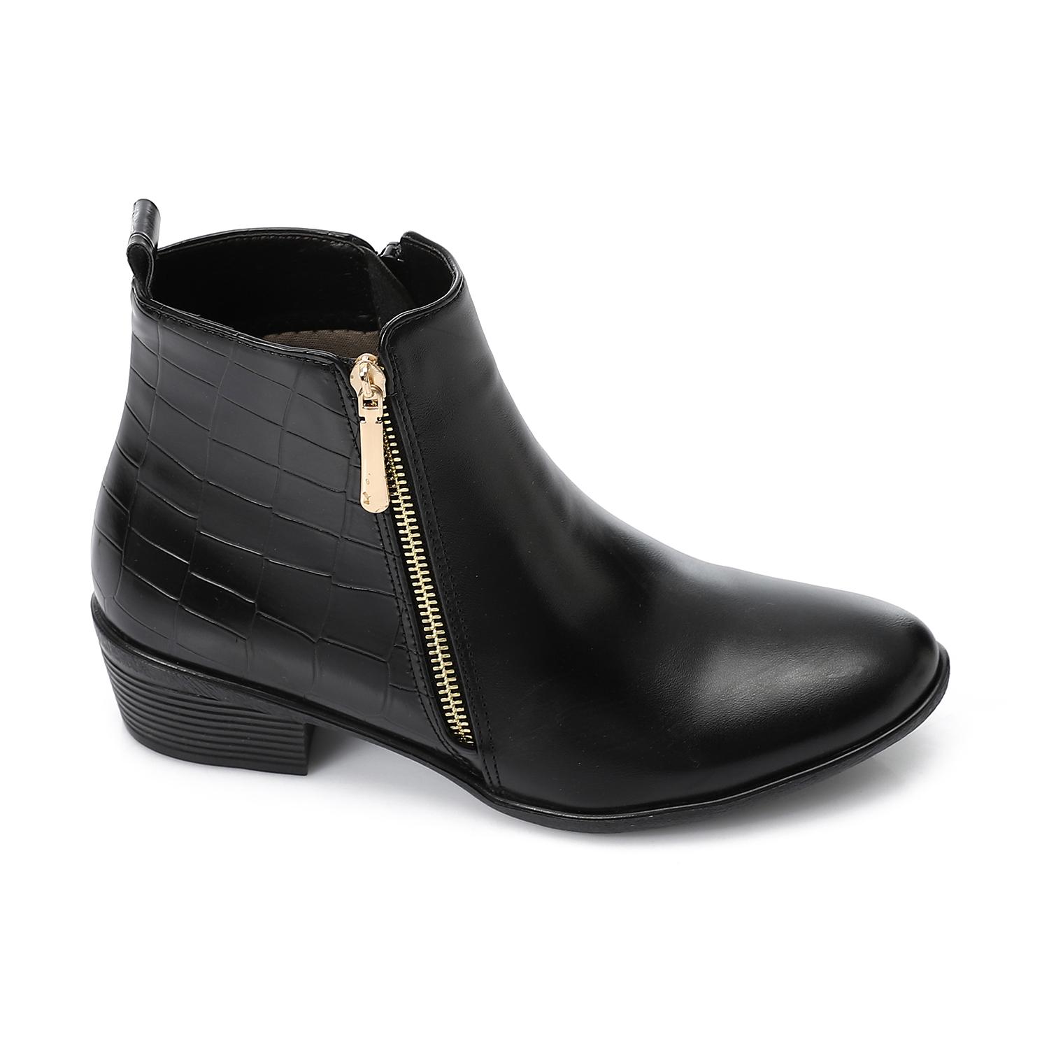 Croc Panel Side Zipper Ankle Boots – Black