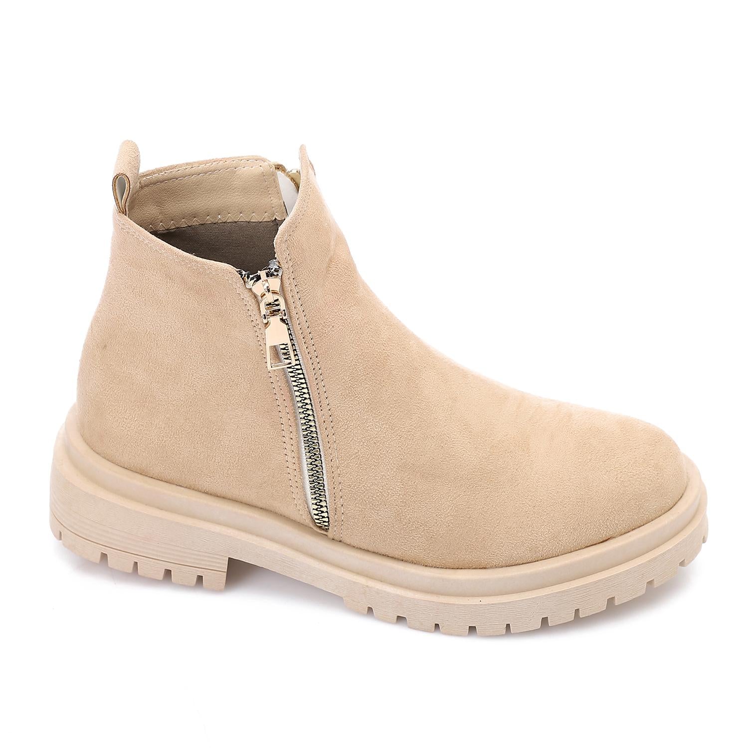 Minimal Suede-Texture Ankle Boot – Beige
