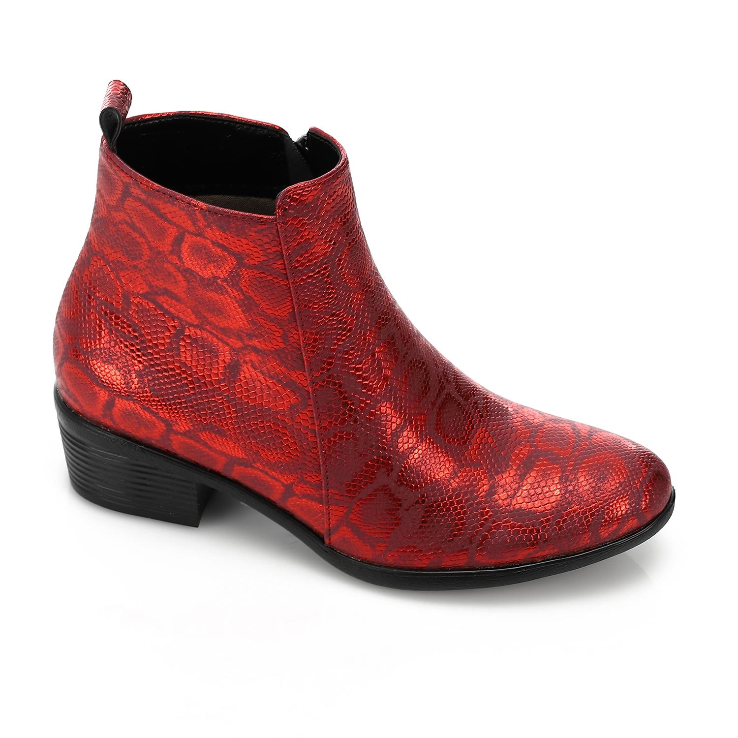 Metallic Croc-Embossed Statement Ankle Boot – Red