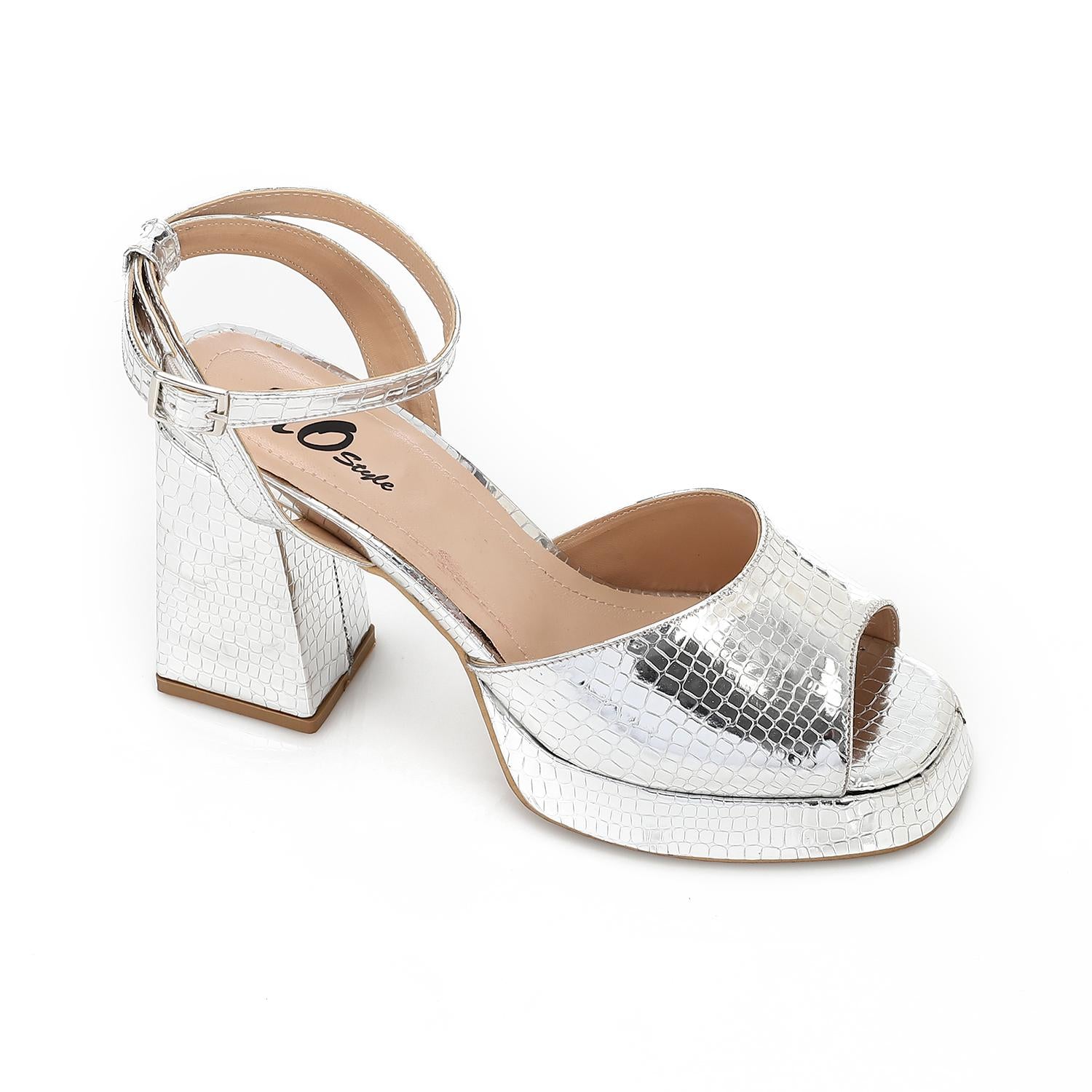 Metallic Croc Pattern Block Heel Sandals - Silver- 1604