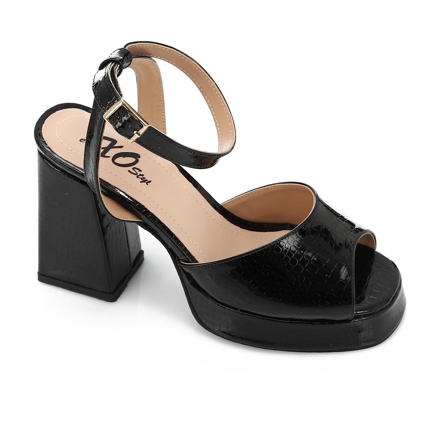 Metallic Croc Pattern Block Heel Sandals - Black