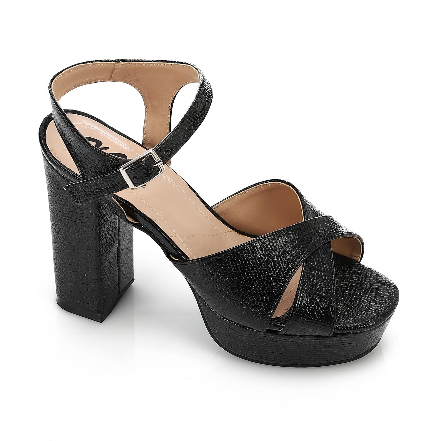 Metallic Croc Pattern Block Heel Sandals - Black - 1610