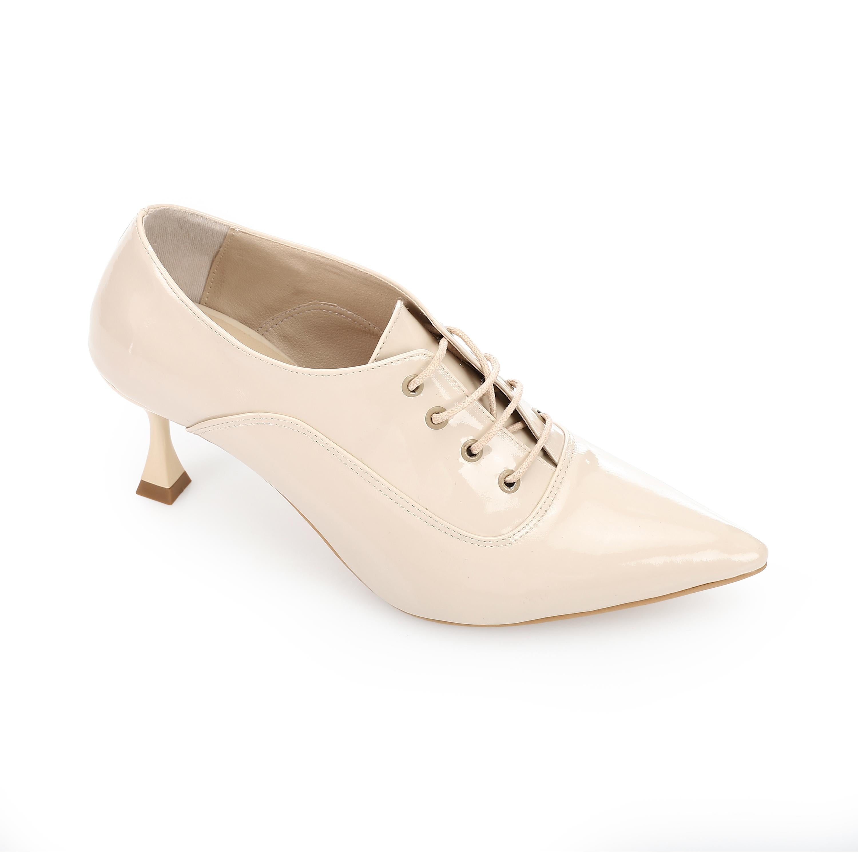 Lace-Up Pointed Heel Pumps - Beige - 1603