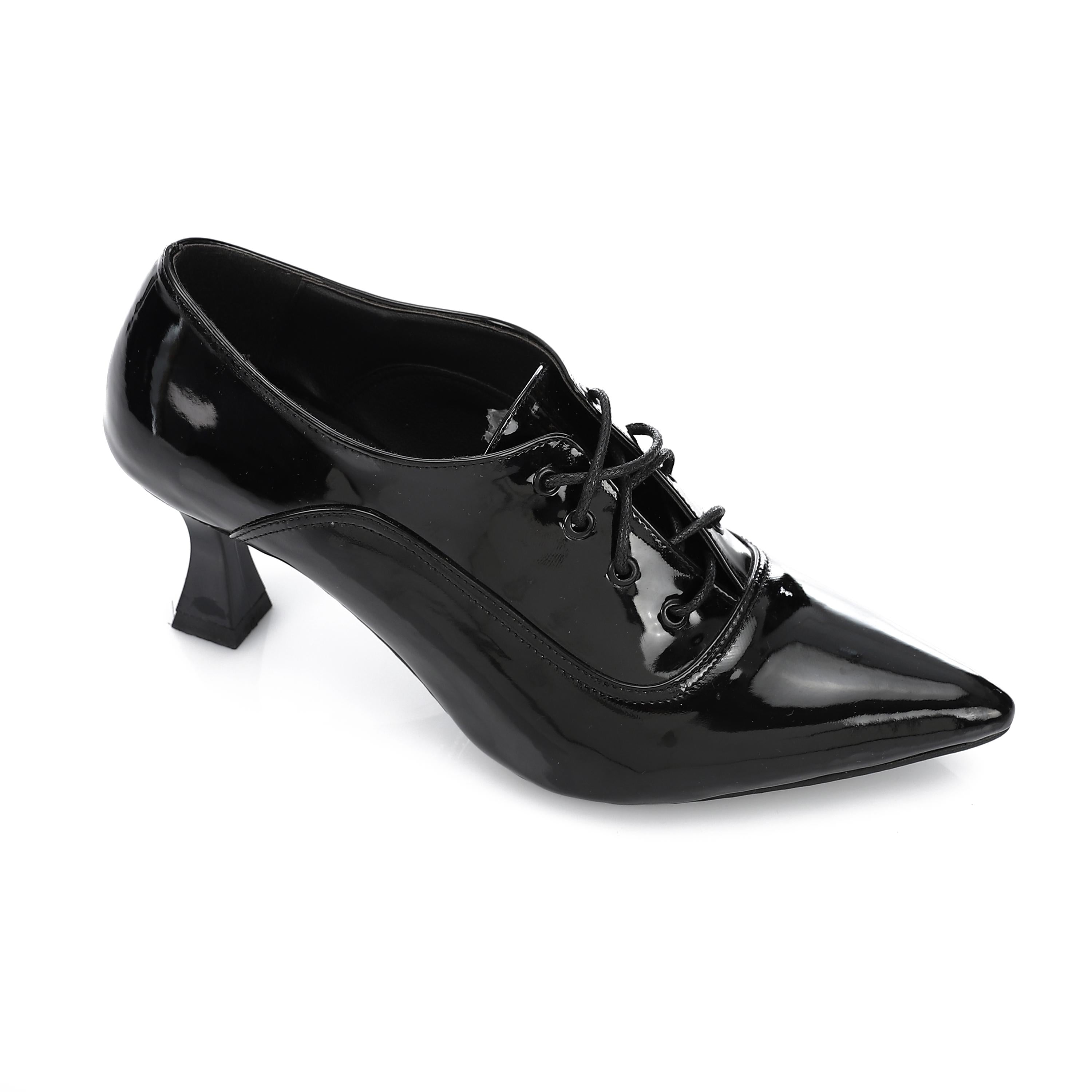 Lace-Up Pointed Heel Pumps - Black - 1603