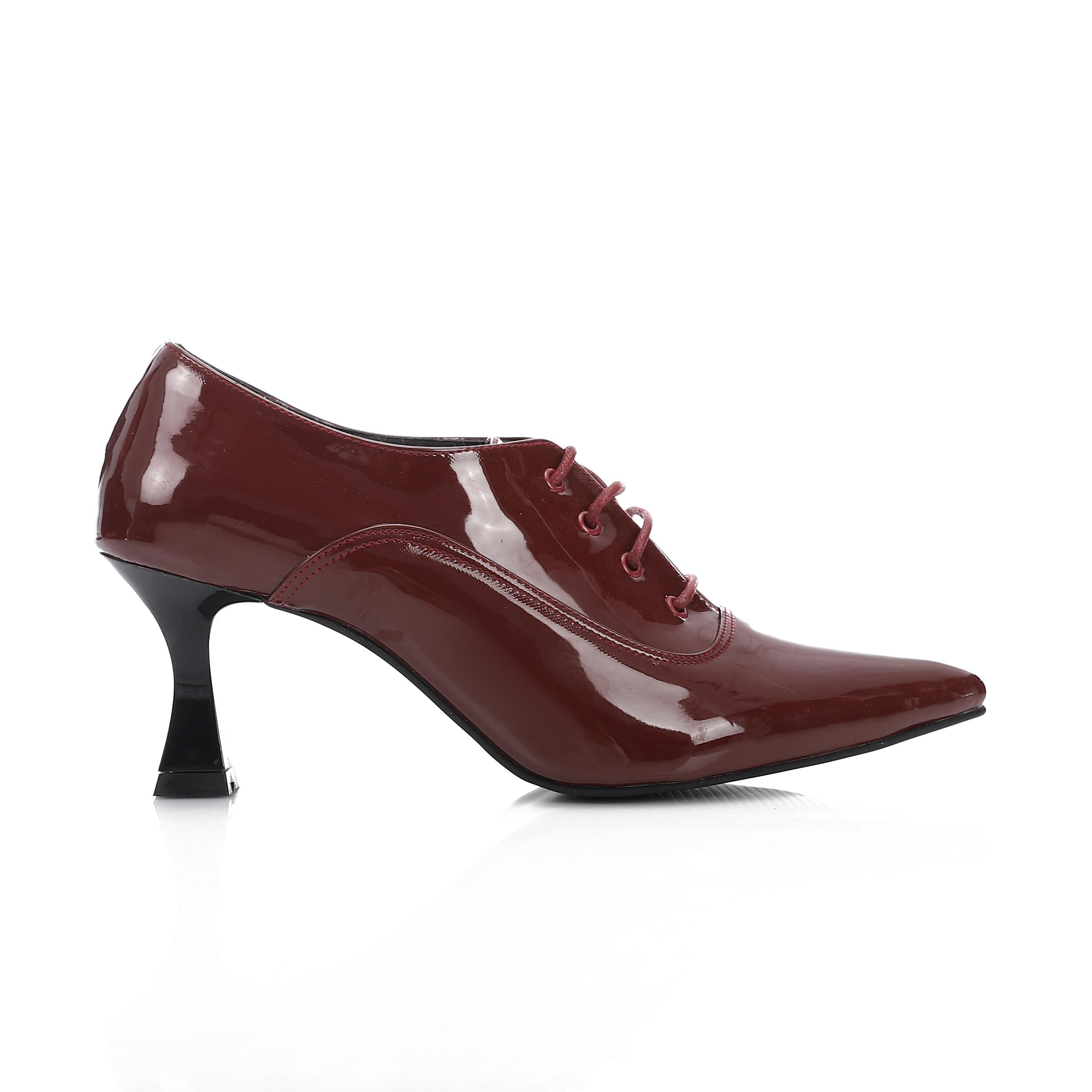 Lace-Up Pointed Heel Pumps - Burgundy - 1603