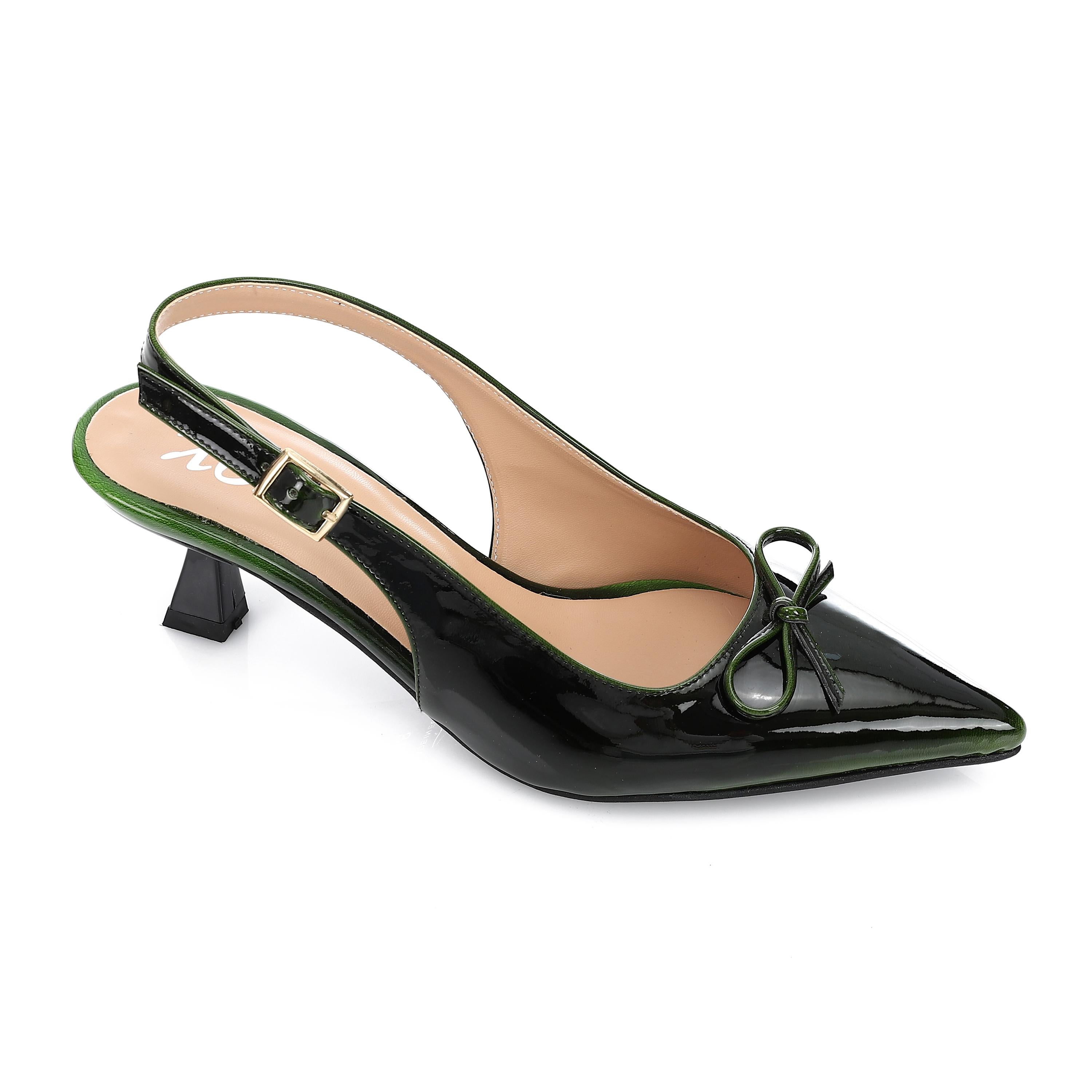 Glossy Bow Slingback Kitten Heels - Green - 1683