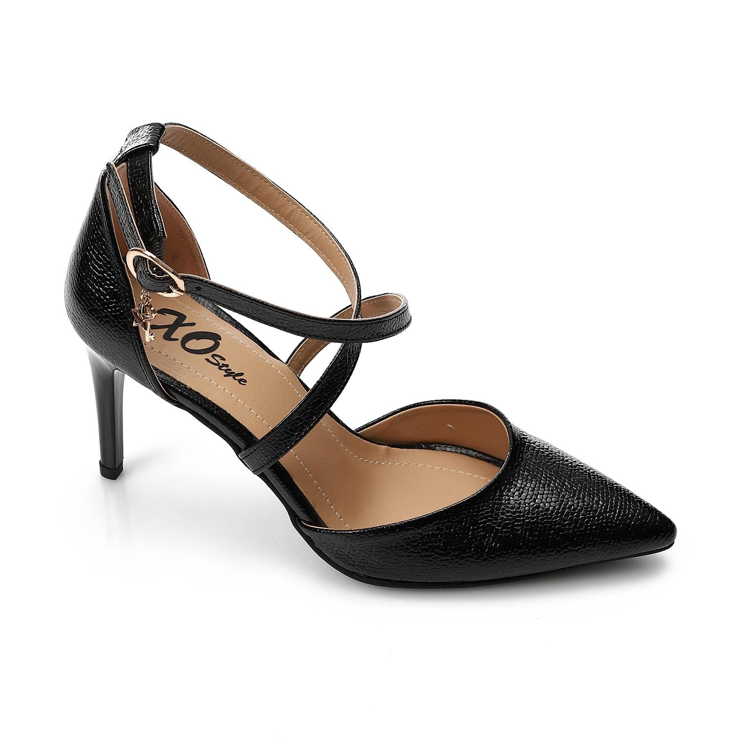 Textured Ankle Strap Pointed Heel Pumps - Black - 1617