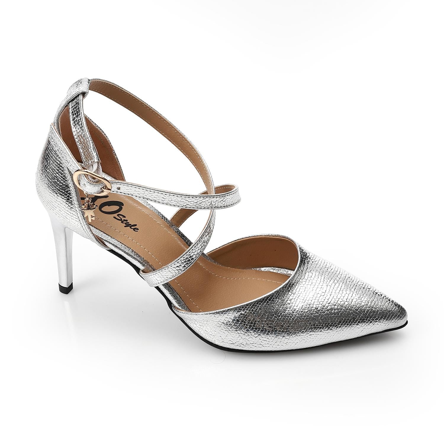 Textured Ankle Strap Pointed Heel Pumps - Silver- 1617