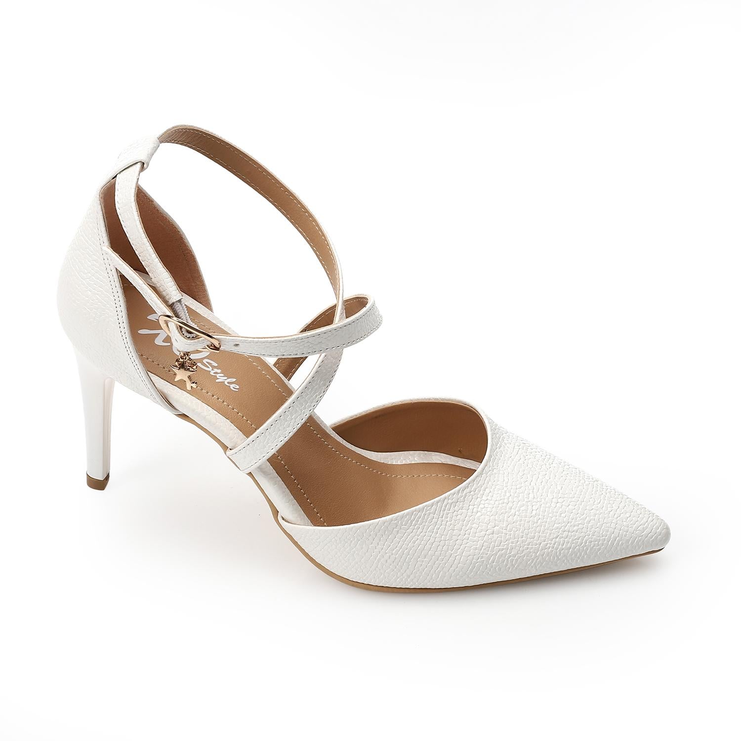 Textured Ankle Strap Pointed Heel Pumps - White- 1617