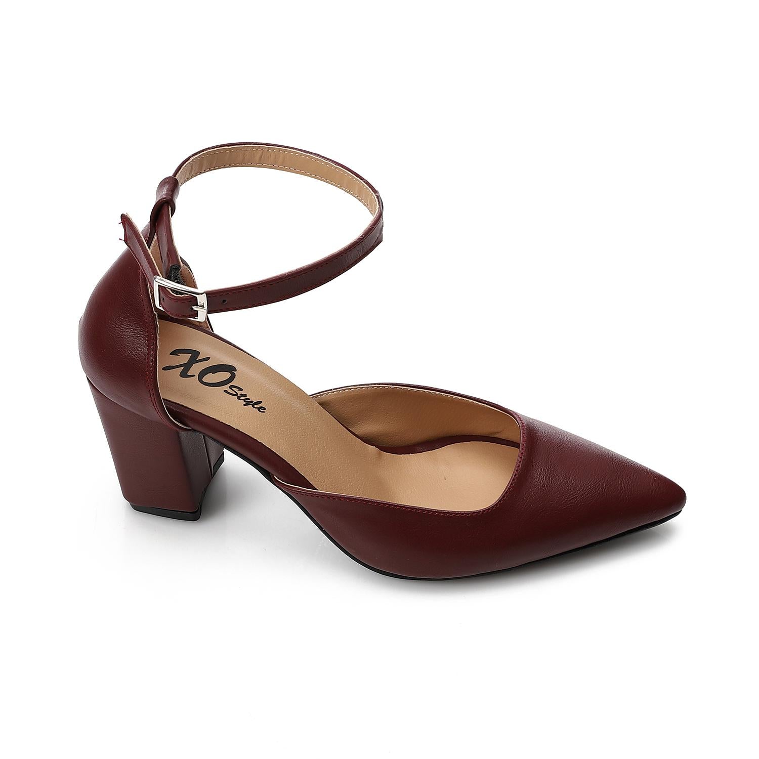 Classic Ankle Strap Pointed Heel Pumps - Burgundy - 1675