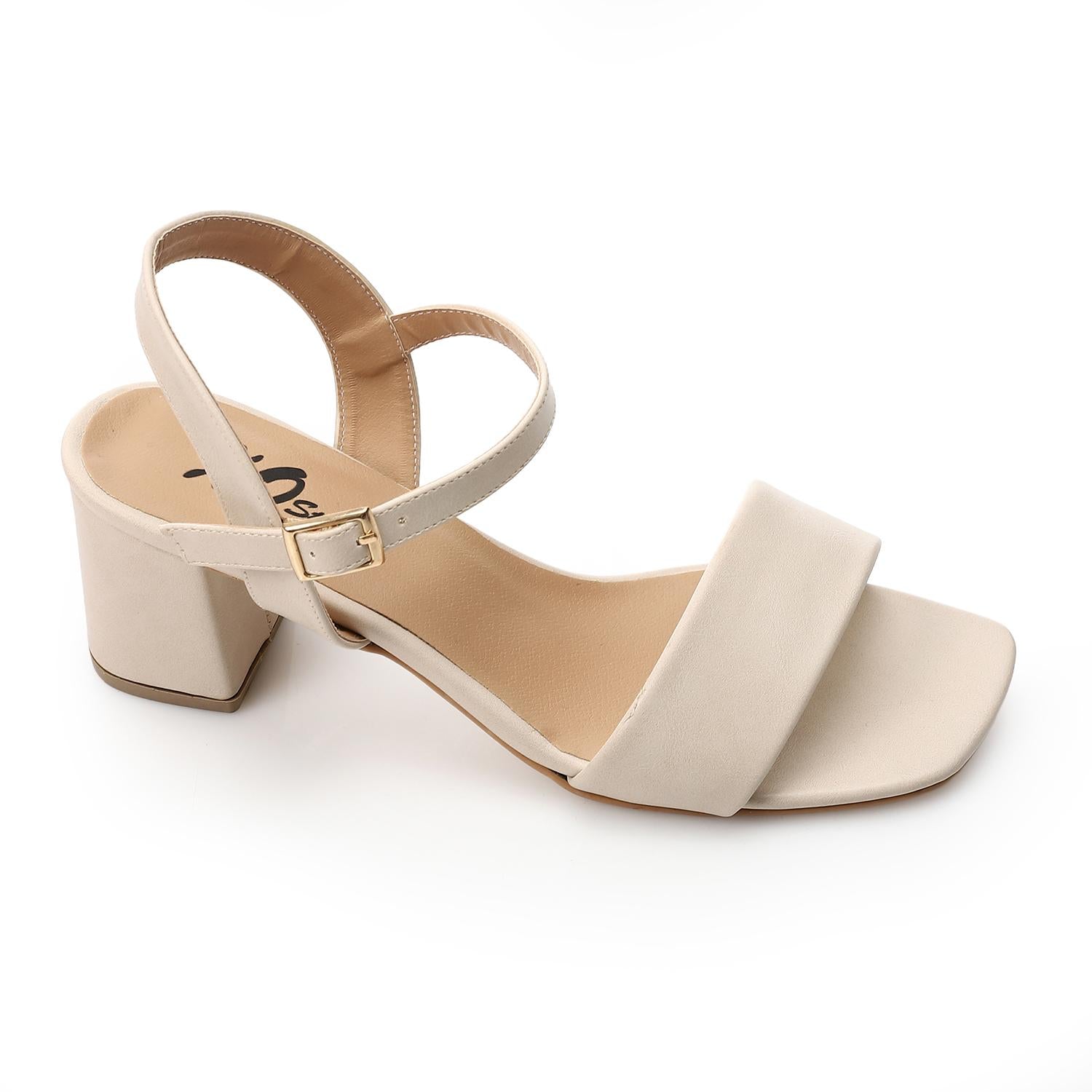Classic Ankle Strap Block Heel Sandals - Beige - 1684
