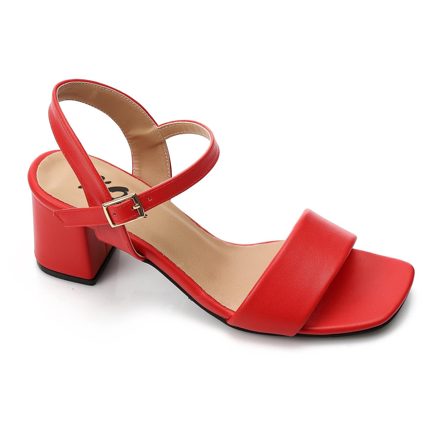 Classic Ankle Strap Block Heel Sandals - Red - 1684