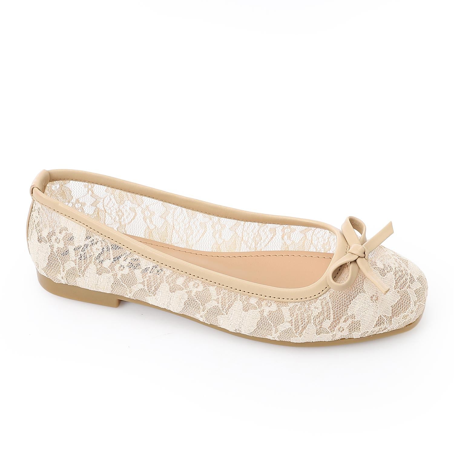 Lace Ballet Flats with Bow - Beige - 1398