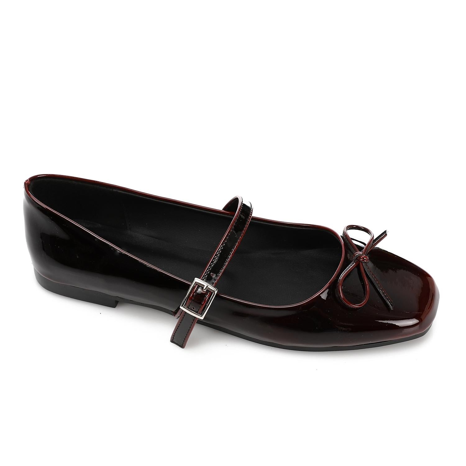 Glossy Bow Strap Ballet Flats - Burgundy - 1146
