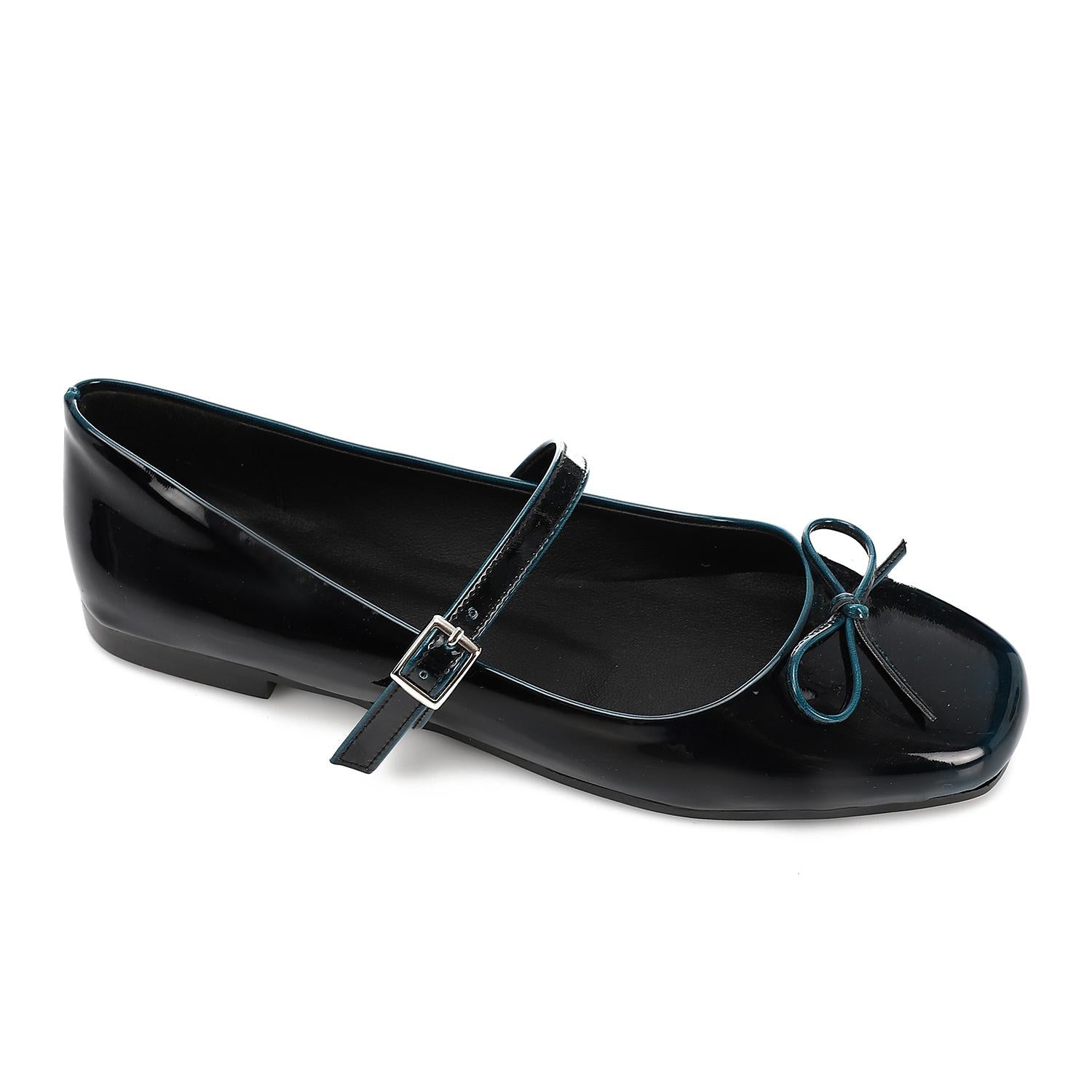 Glossy Bow Strap Ballet Flats - Navyy - 1146