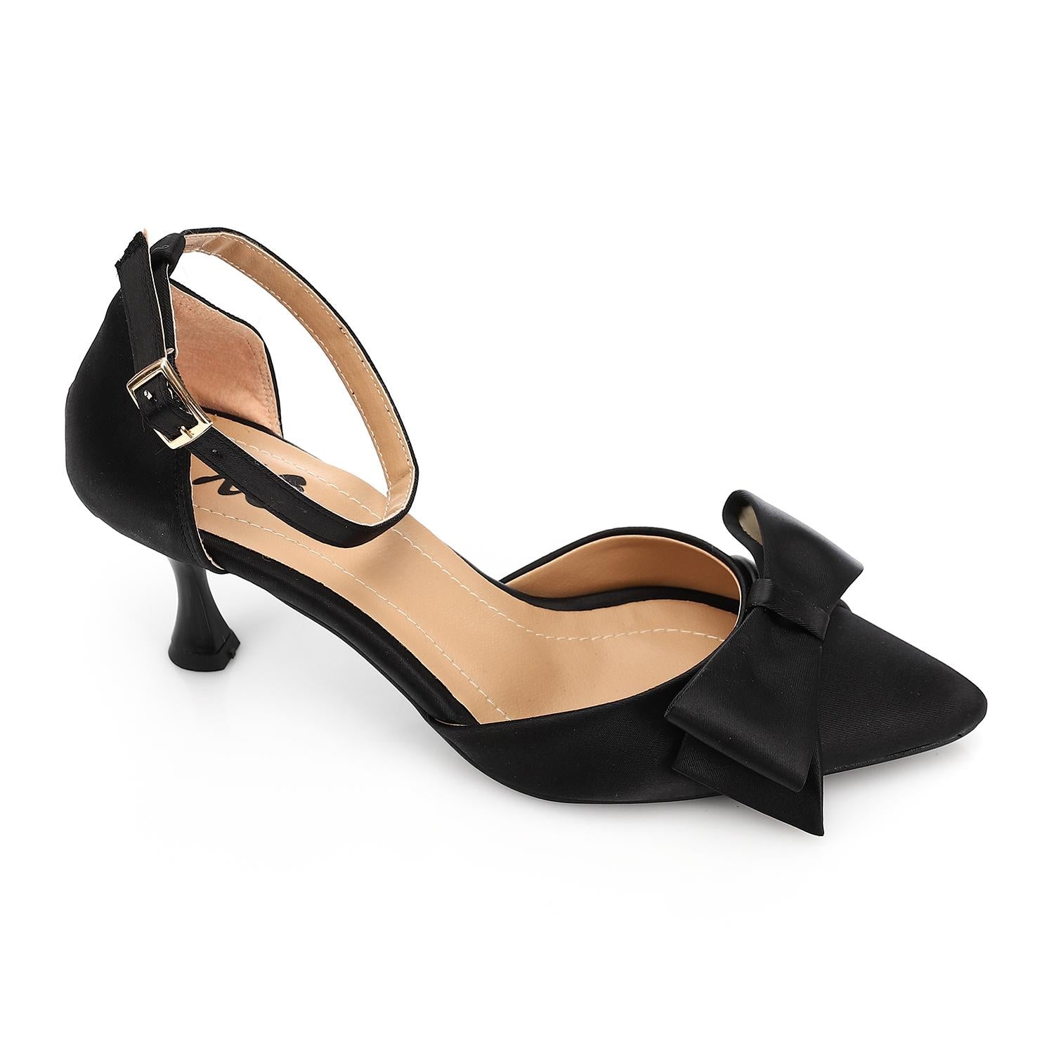 Bow Detail Ankle Strap Pointed Heels - Black - 1618
