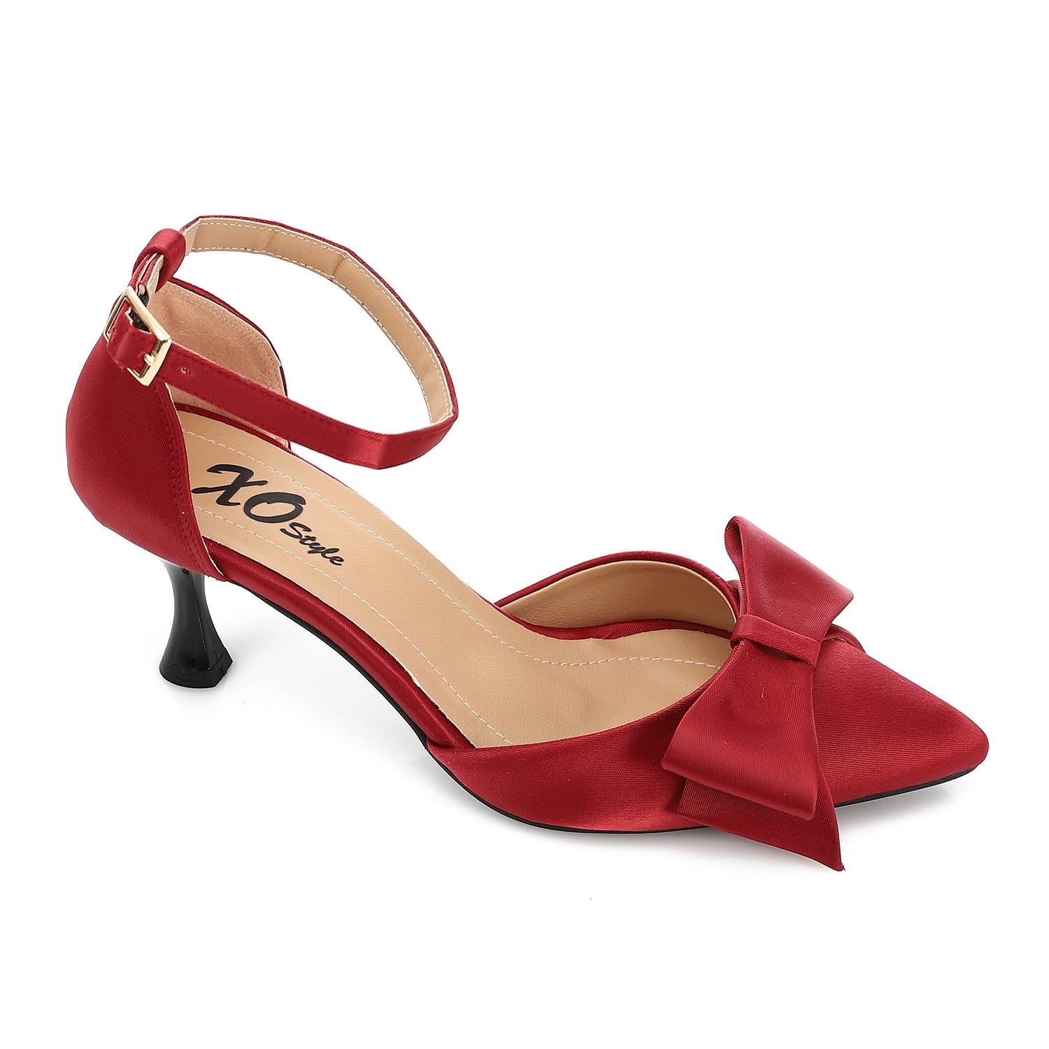 Bow Detail Ankle Strap Pointed Heels - Red - 1618