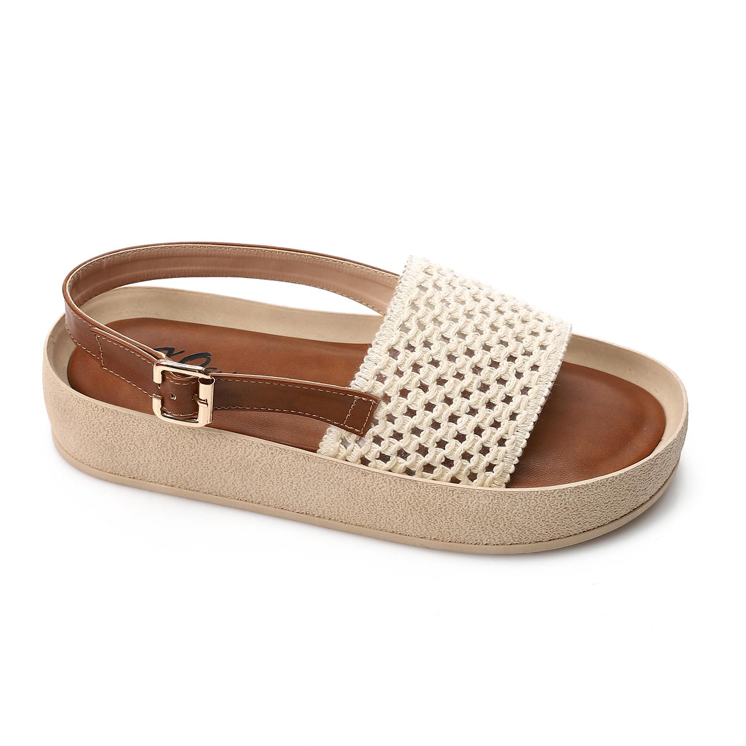 Woven Strap Platform Sandal Flat – Beige & Brown