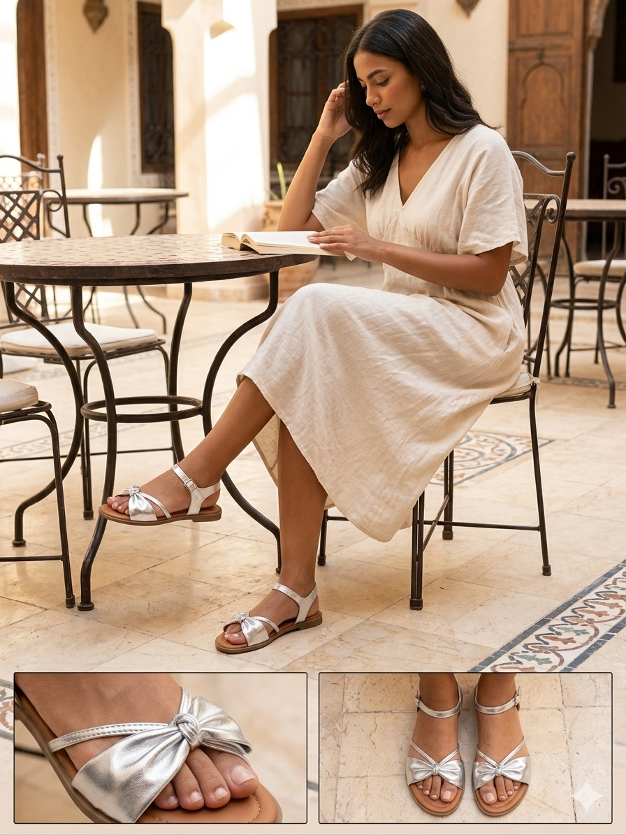 Bow Detail Comfort Sandal Flat – Silver