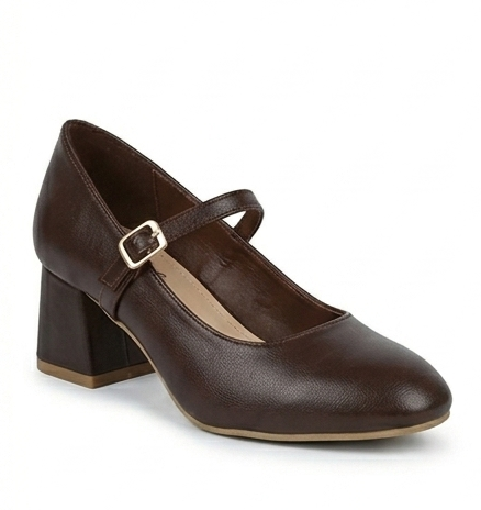 Classic Strap Block Heel Leather Shoe – Brown
