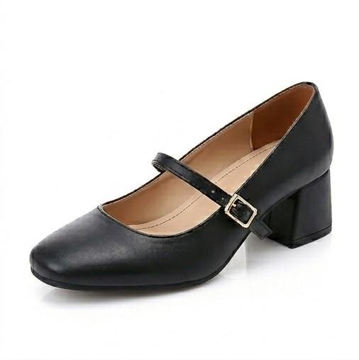 Classic Strap Block Heel Leather Shoe – Black