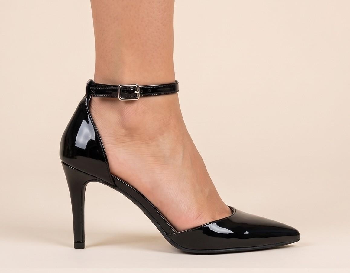 Patent Pointed-Toe Ankle-Strap Stiletto Pumps – Black