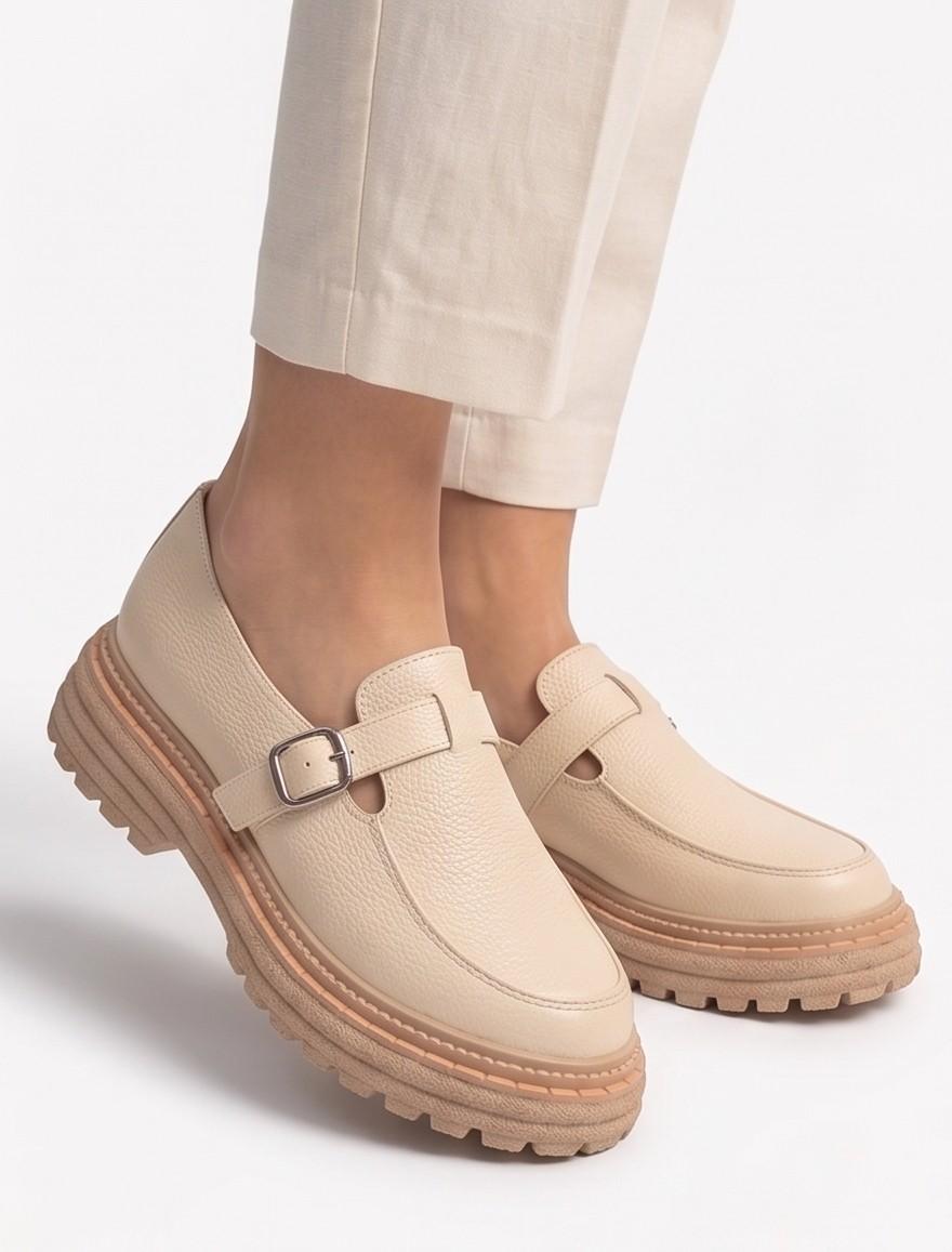 Buckle Strap Chunky Sole Loafers – Beige