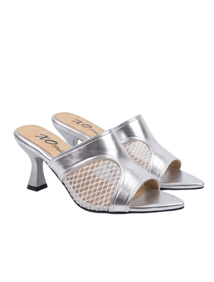 Metallic Mesh Panel Mule Sandals – Silver