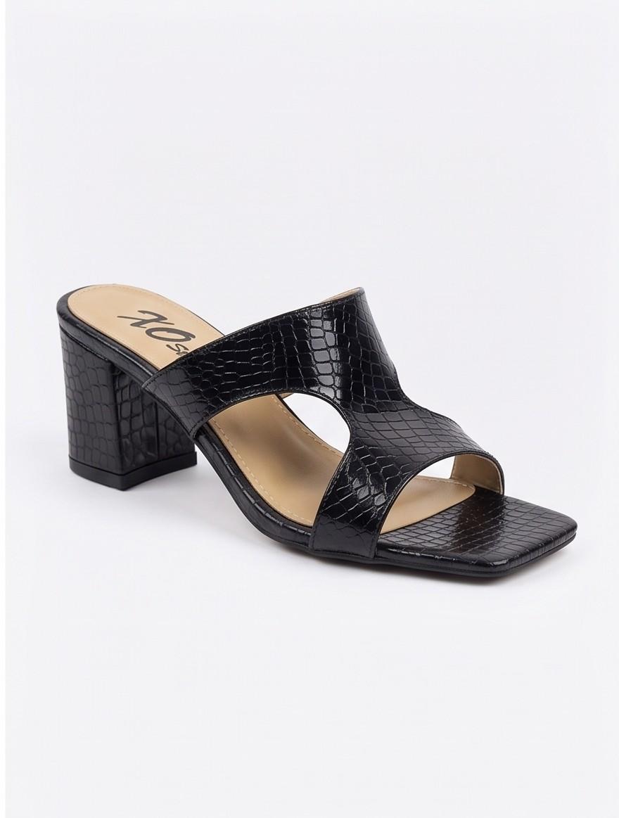 Croc-Embossed Cutout Block Heel Mule Sandals – Black