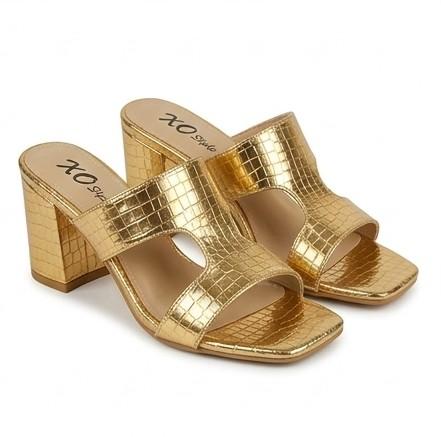 Metallic Croc-Embossed Mule Sandals – Gold