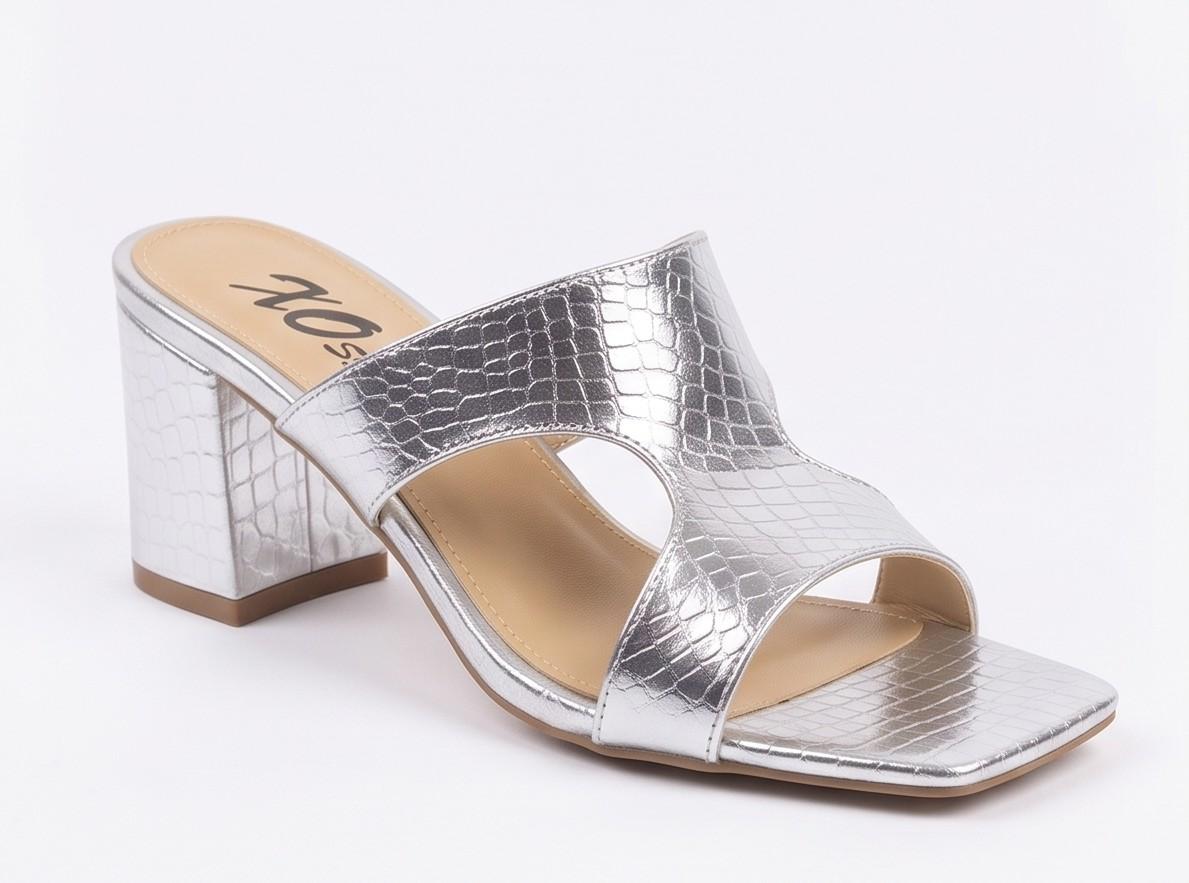 Metallic Croc-Embossed Mule Sandals – Silver