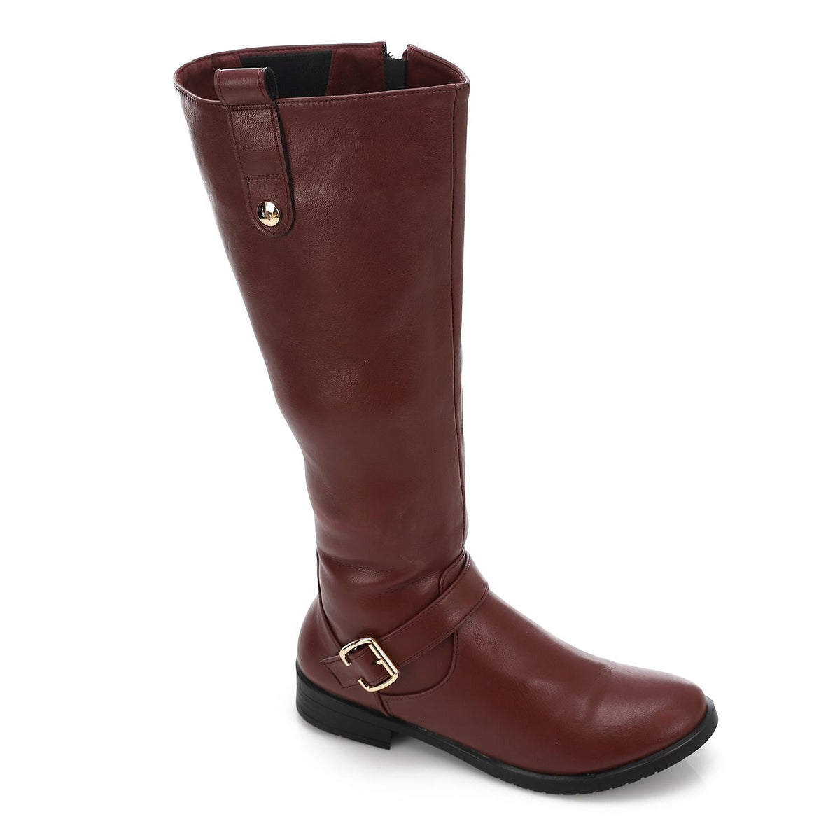 Buckle Detail Side-Zip Knee-High Boots – Burgundy